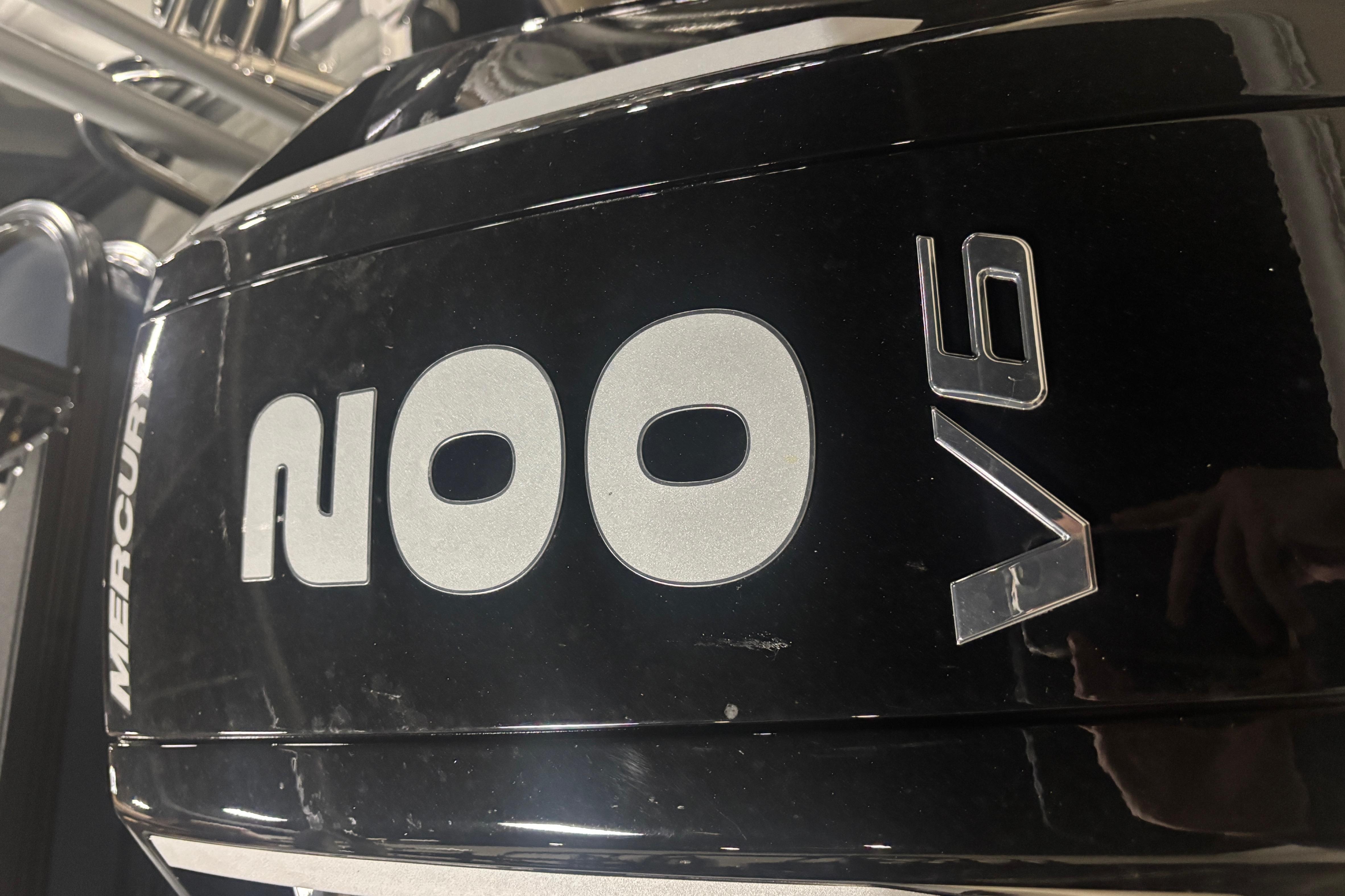 Mercury 200 V6 engine on 2026 Ranger 223F boat, close-up view.