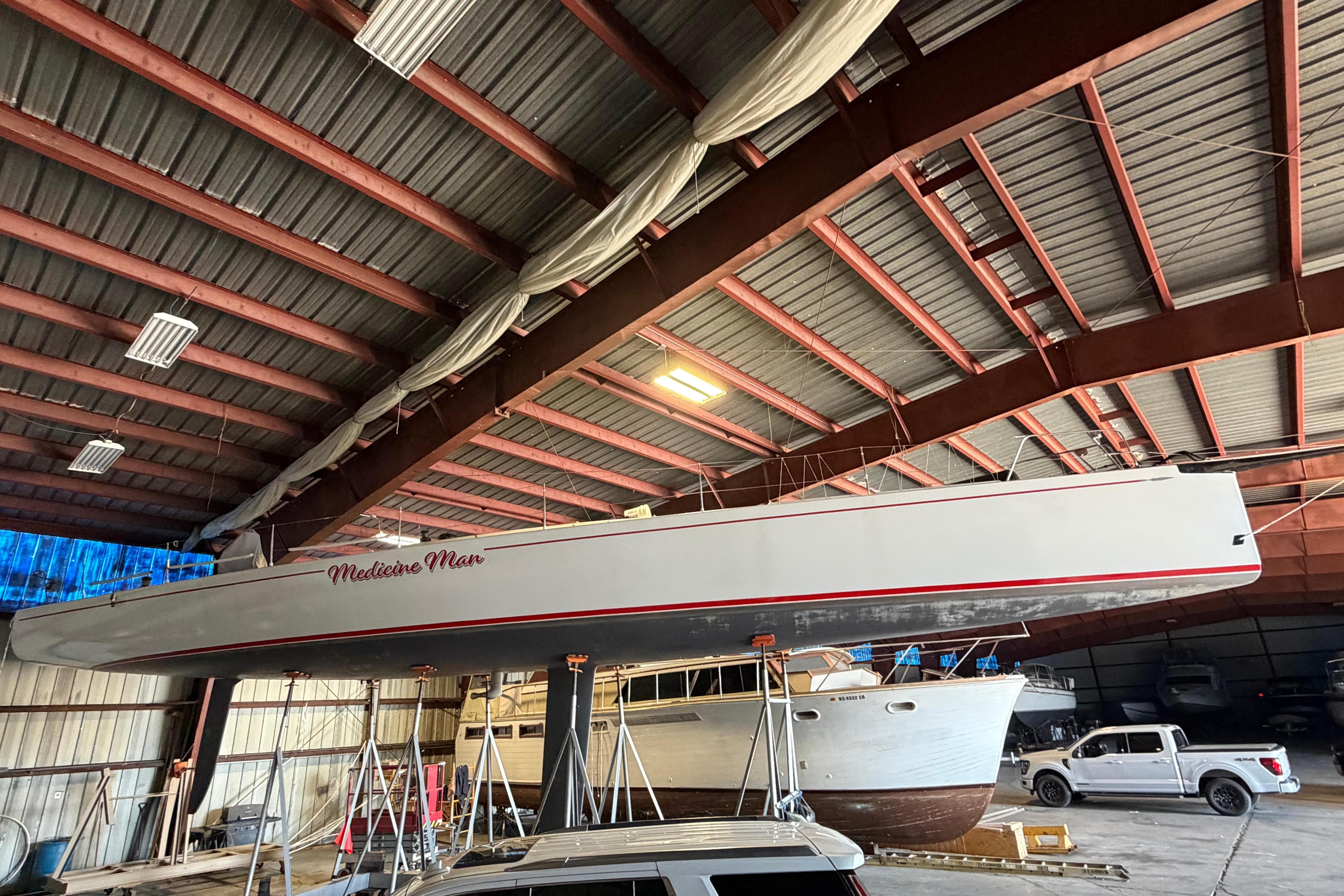 1989 Andrews 63 sailboat stored in a warehouse.