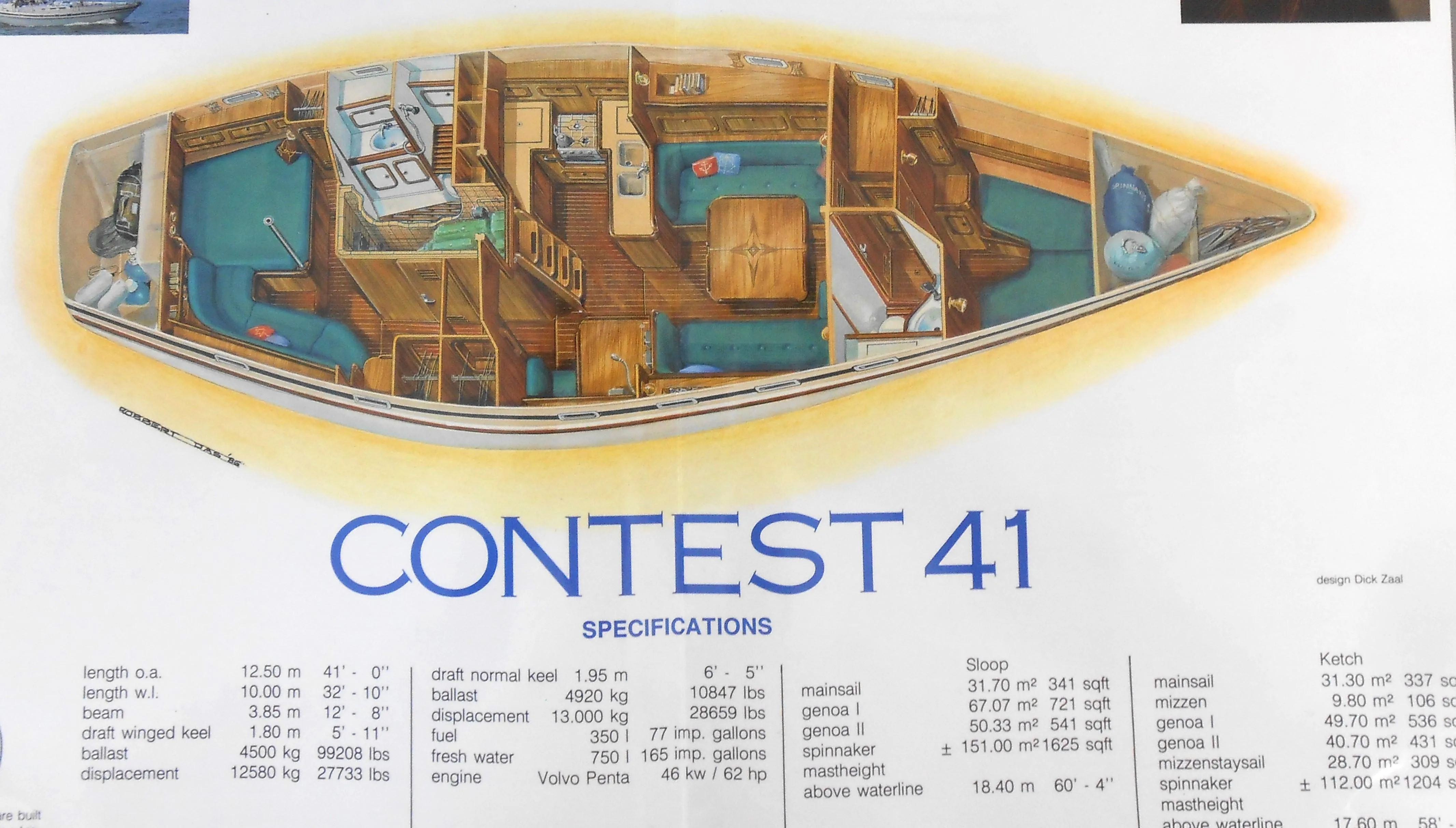 Interior view of 1985 Contest 41 Ketch with specifications.