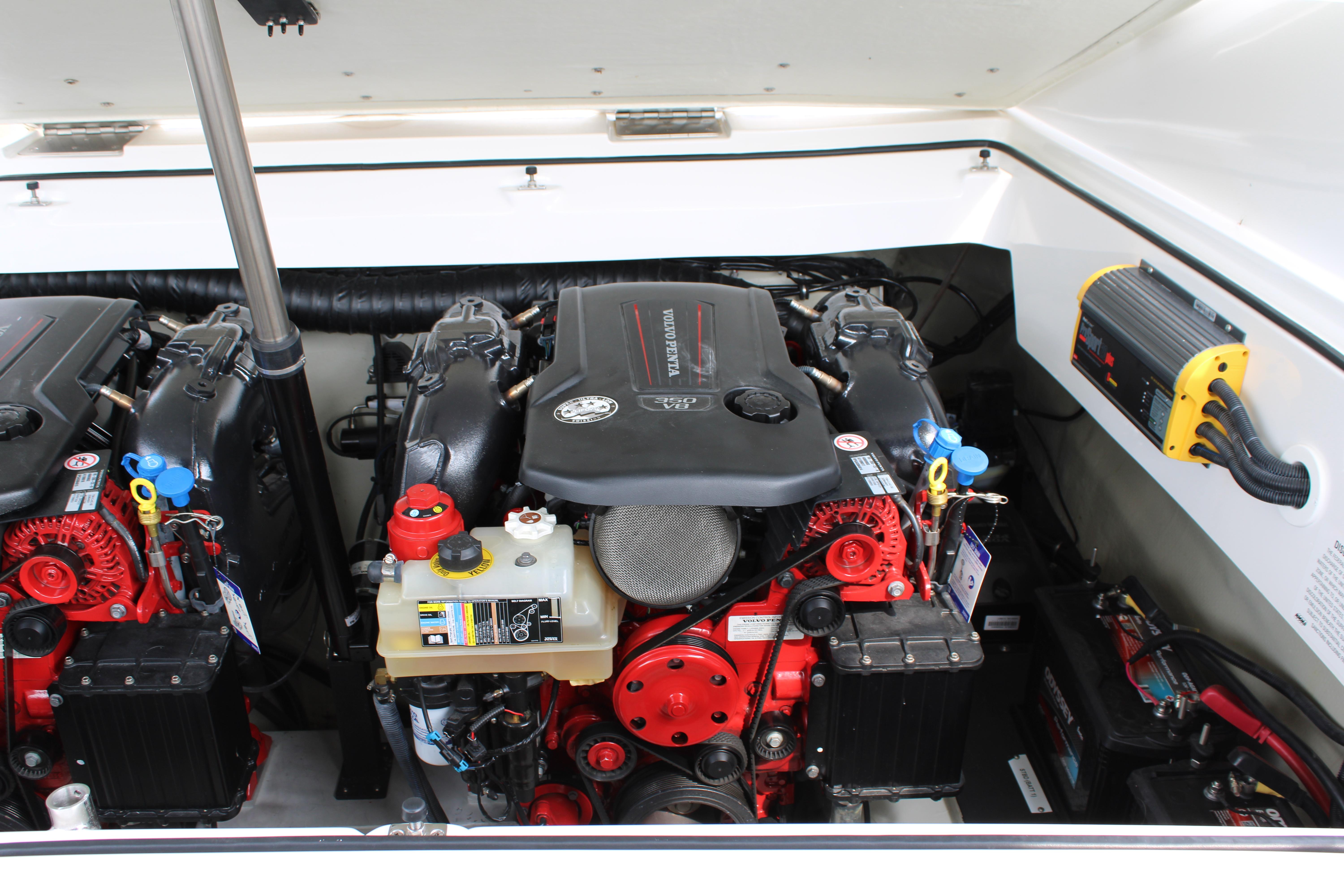 Engine compartment of a 2020 Cobalt R30 boat, featuring dual inboard engines.
