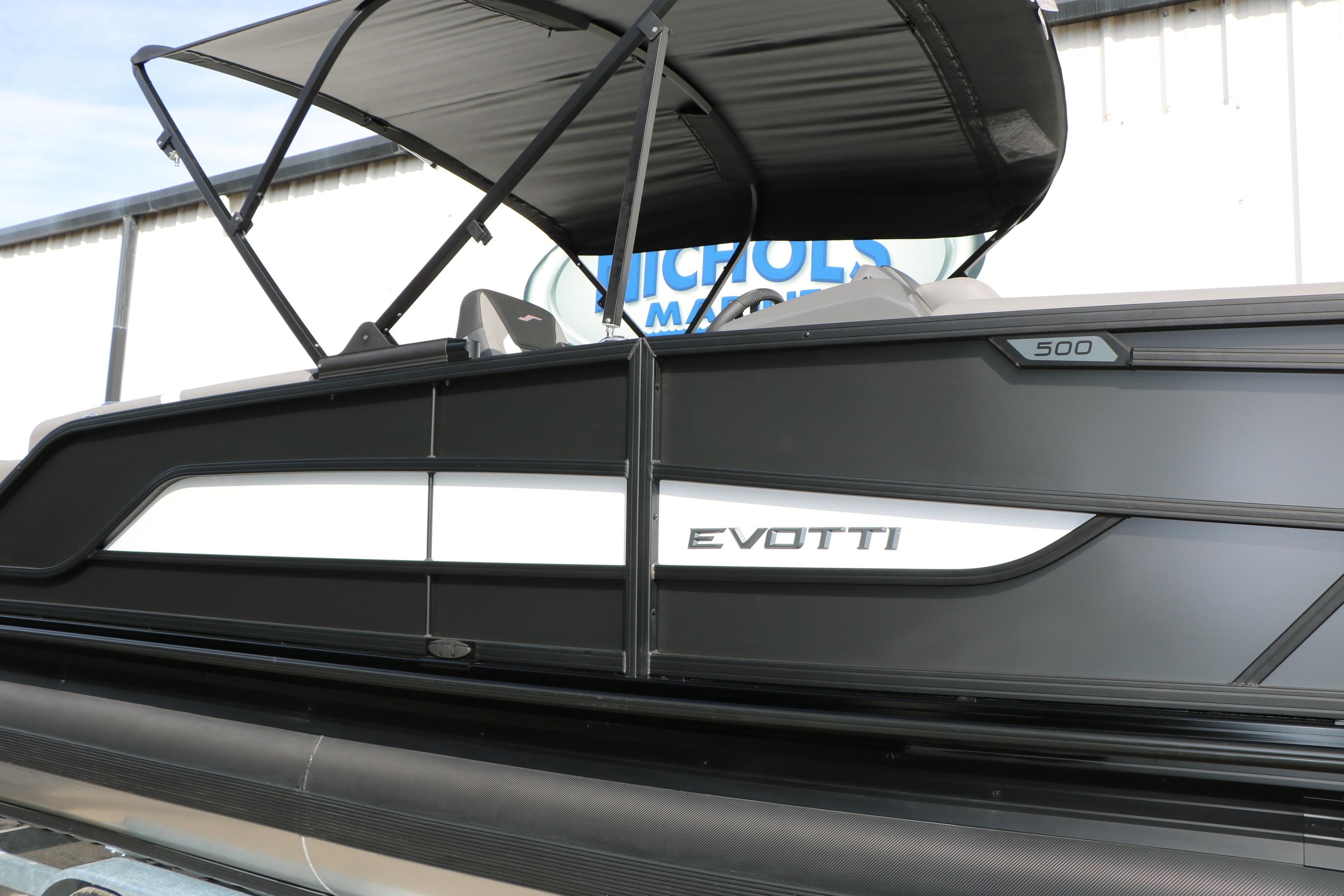 2026 Evotti 521QL boat with sleek black design and canopy.