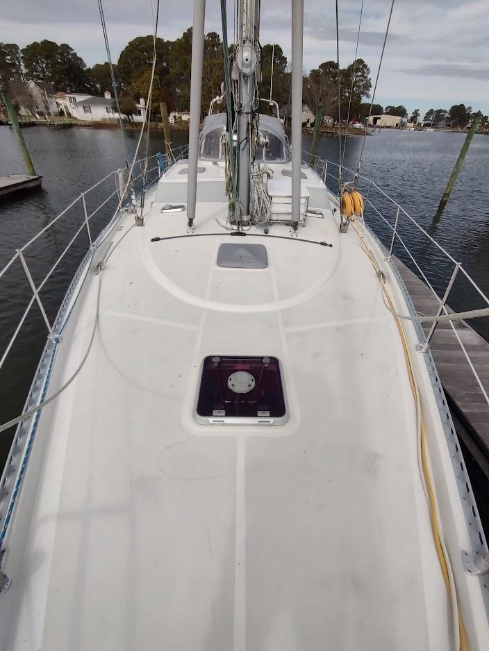 2005 Stevens Custom 53/56 sailboat deck view at marina.