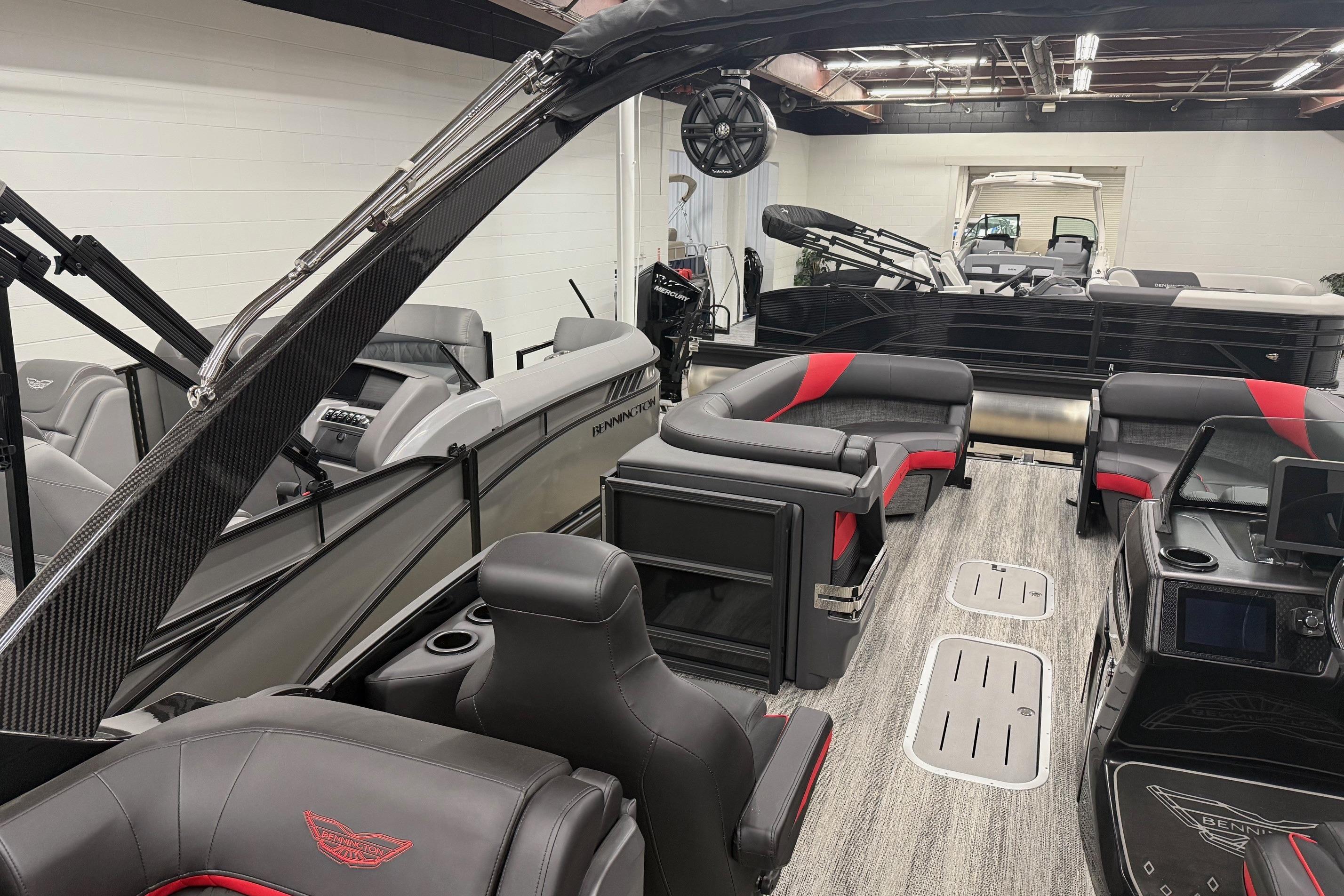 2025 Bennington M Line pontoon boat interior with sleek seating and modern design.