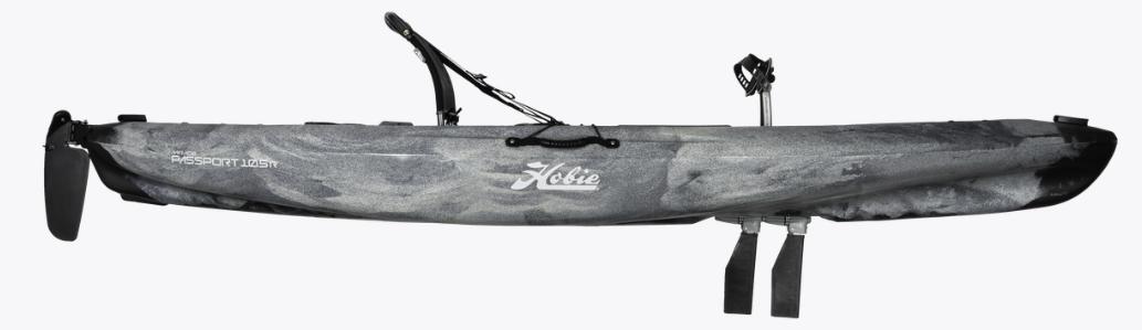 2024 Hobie Passport 10.5R DLX kayak, side view, featuring sleek design and pedal system.