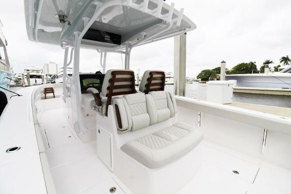 2024 Jupiter 34 HFS boat interior with modern seating and sleek design.