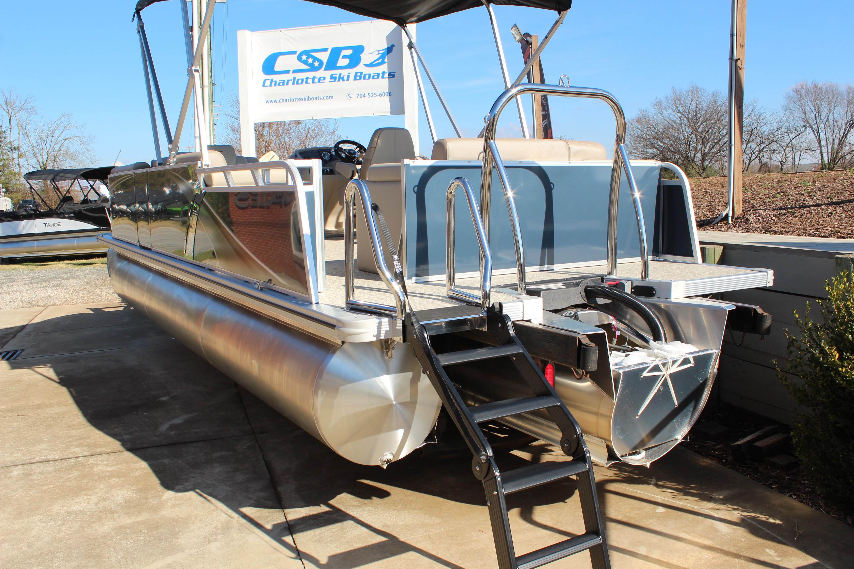 2026 Tahoe Pontoon LTZ Elite boat with ladder, displayed at Charlotte Ski Boats.
