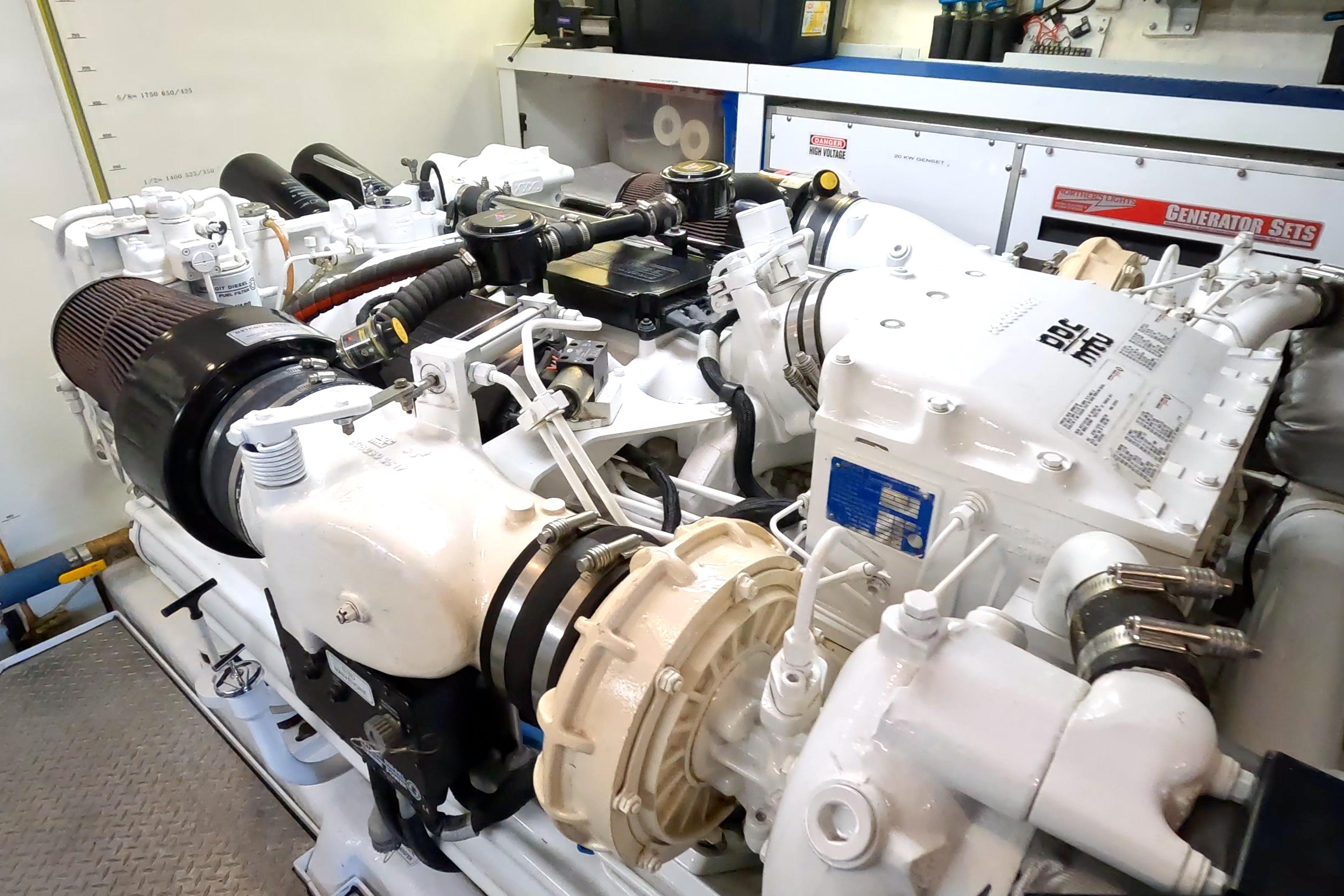 Engine room of a 2003 West Bay Sonship yacht, featuring advanced mechanical systems.