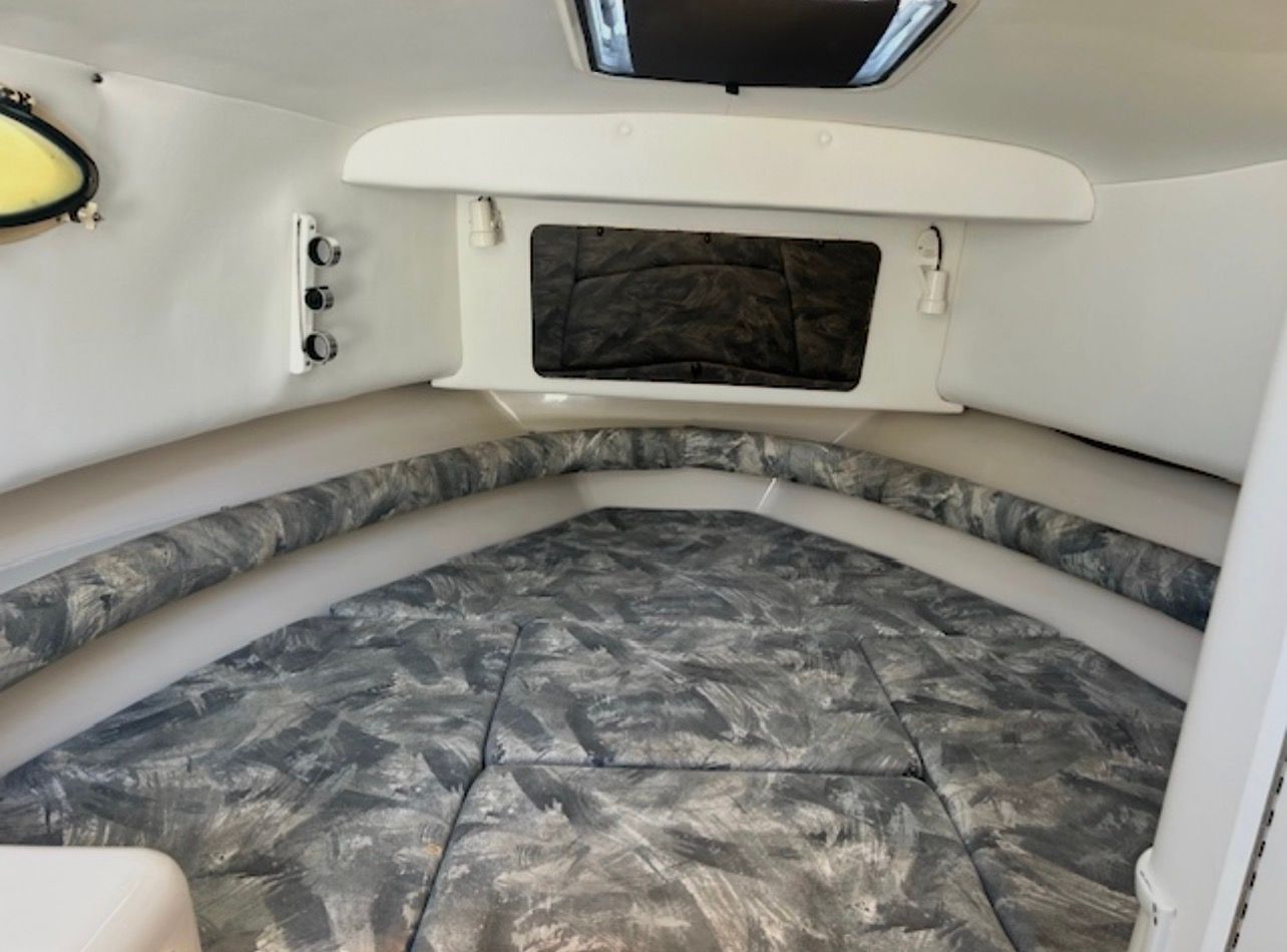 Interior of a Pro-Line 2950 Walkaround with cushioned seating and a skylight.