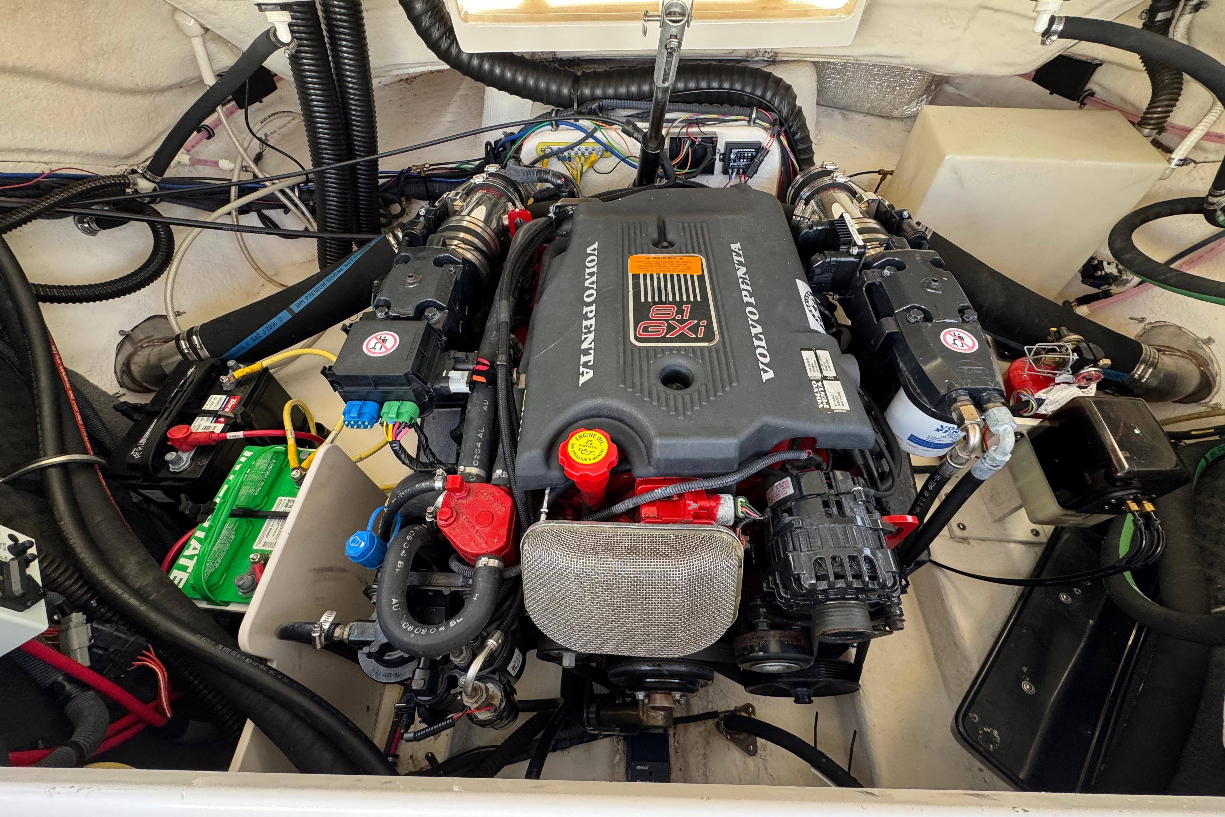 Engine compartment of a 2005 Chaparral 255 SSi with Volvo Penta 8.1 GXi engine.