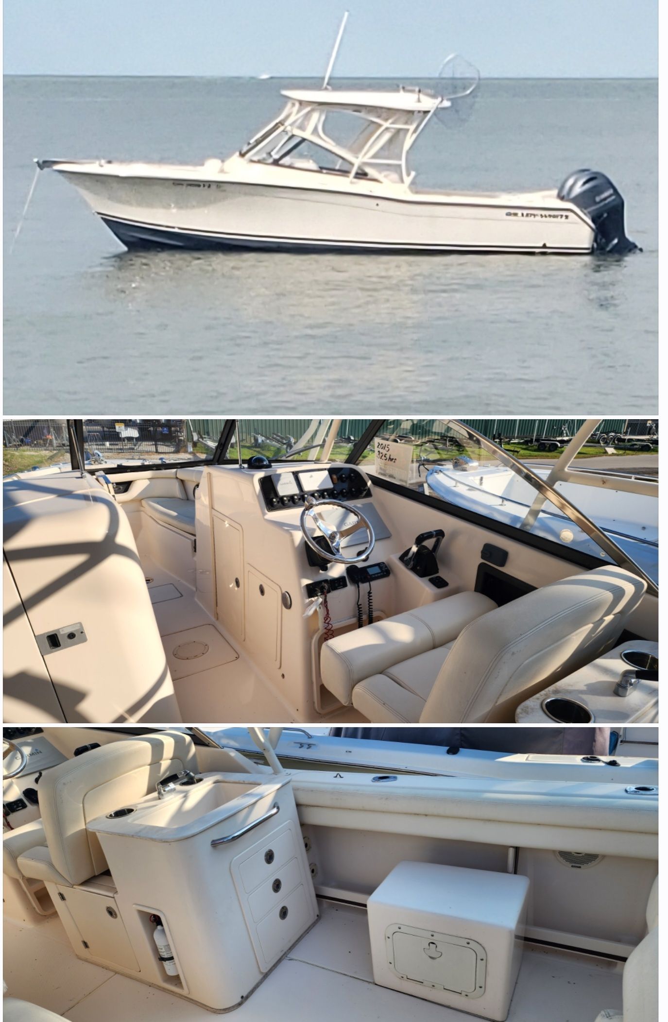 A 2015 Grady-White Freedom 275 boat on calm water. Interior views show the cockpit and seating areas.