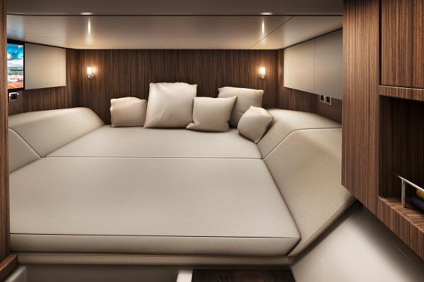 Manufacturer Provided Image: Luxurious cabin interior of 2018 Sea Ray SLX 400 with plush bedding and ambient lighting.