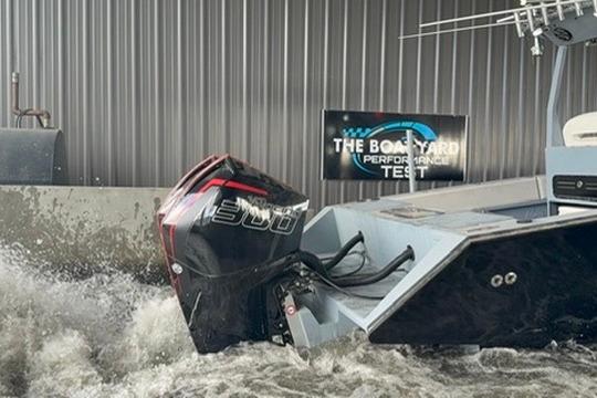 2019 Metal Shark 28 CC boat undergoing performance test in indoor facility.