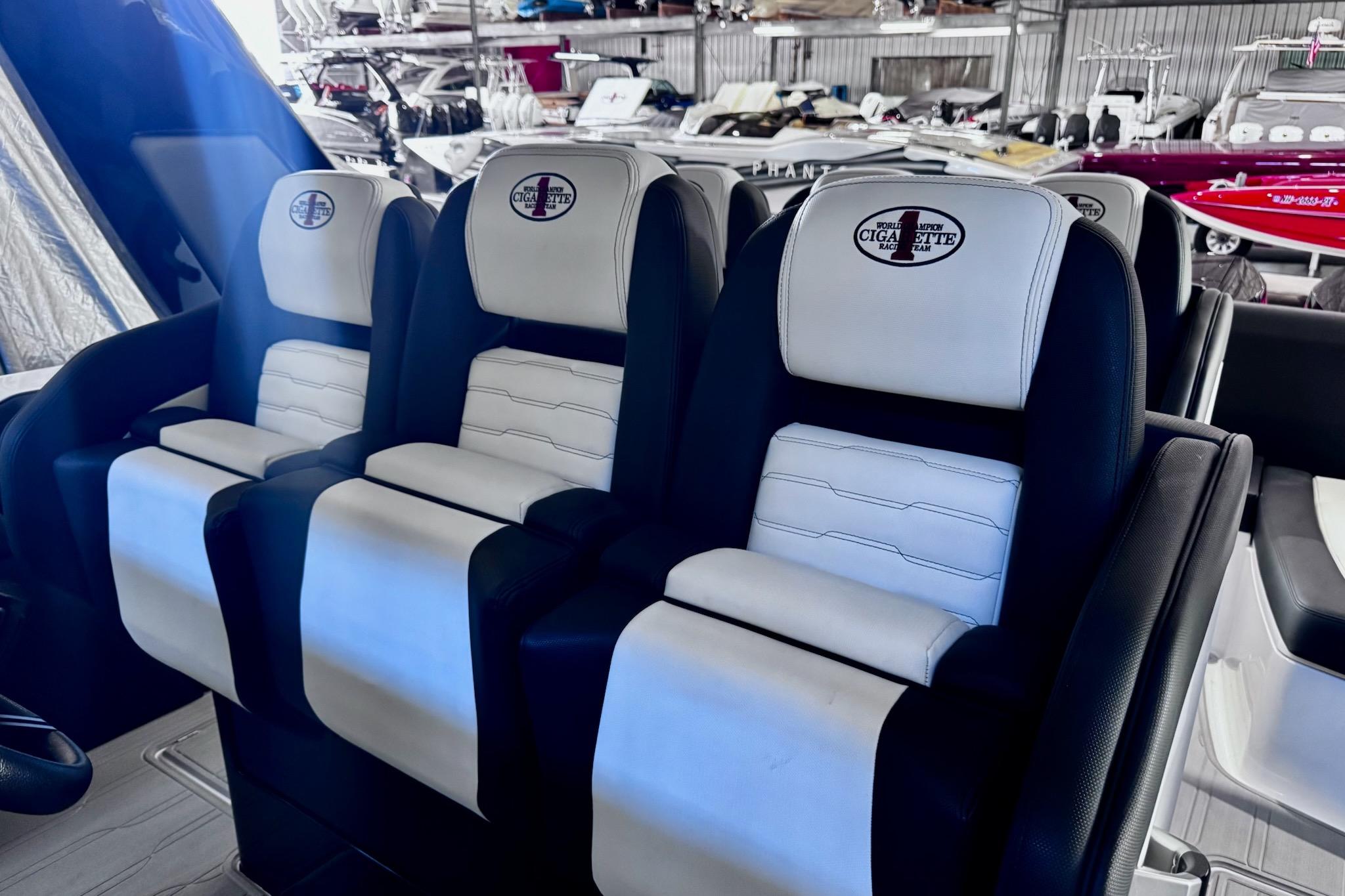 Interior of Cigarette 42' Auroris 2025 with luxurious seating.