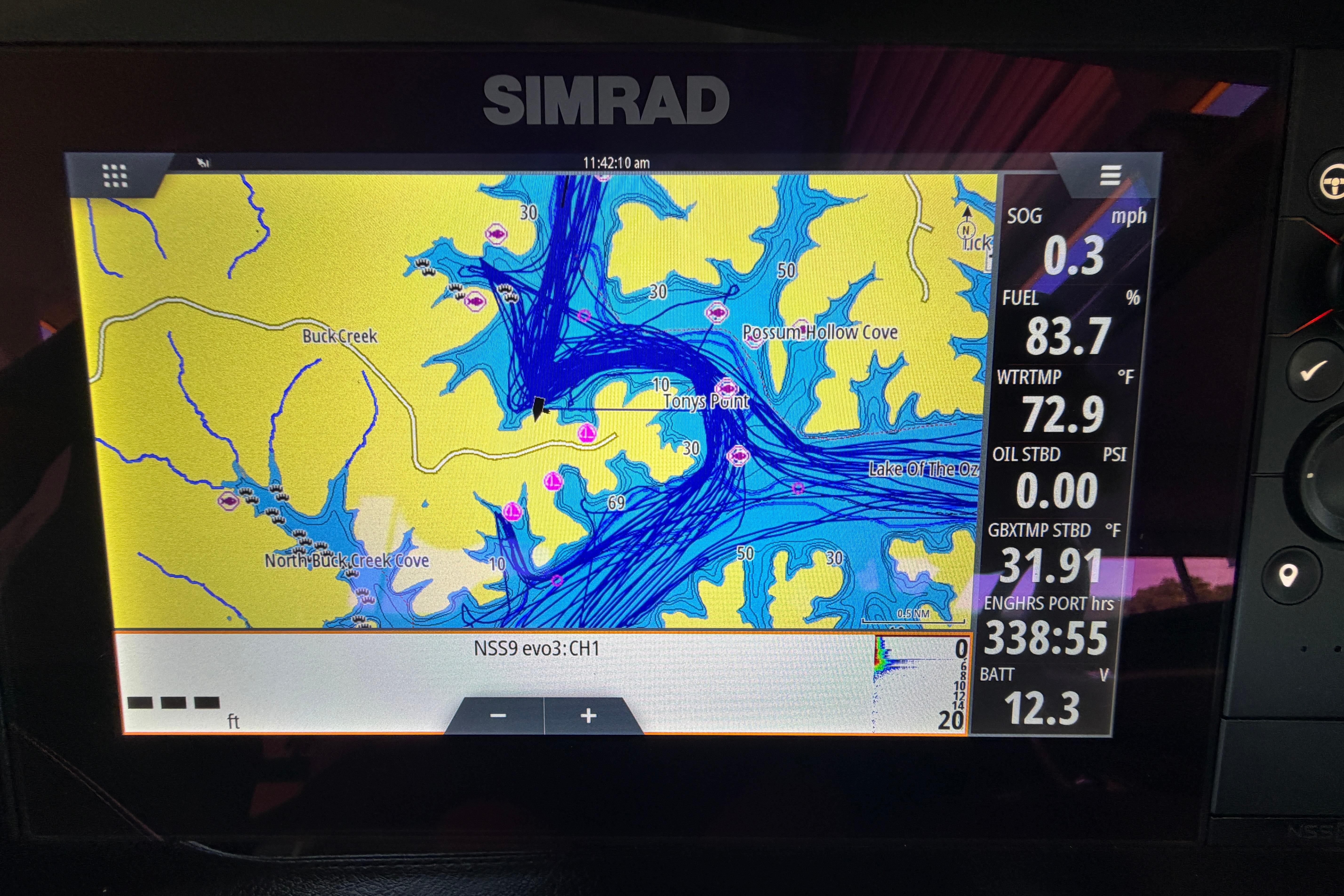 Simrad navigation display on 2018 Chaparral 347 SSX showing lake map and boat metrics.