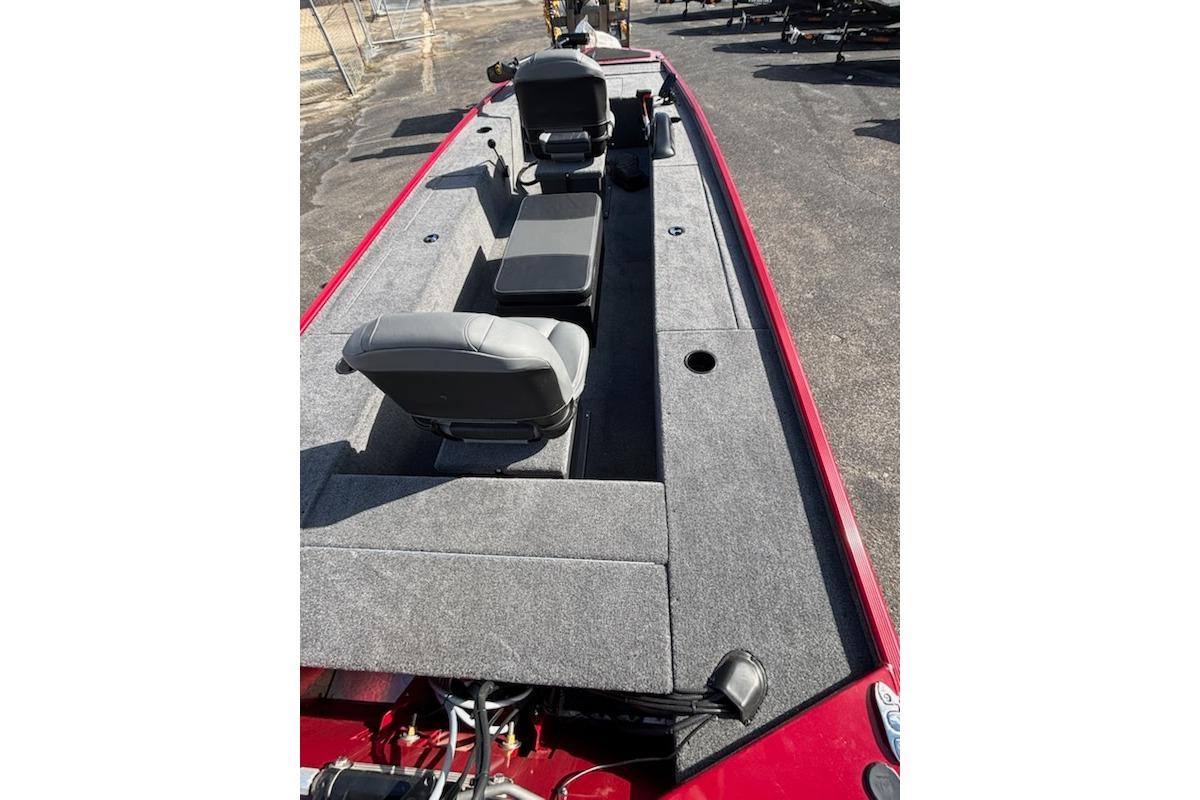 2025 Tracker Panfish 17 boat interior with gray seating and red trim.