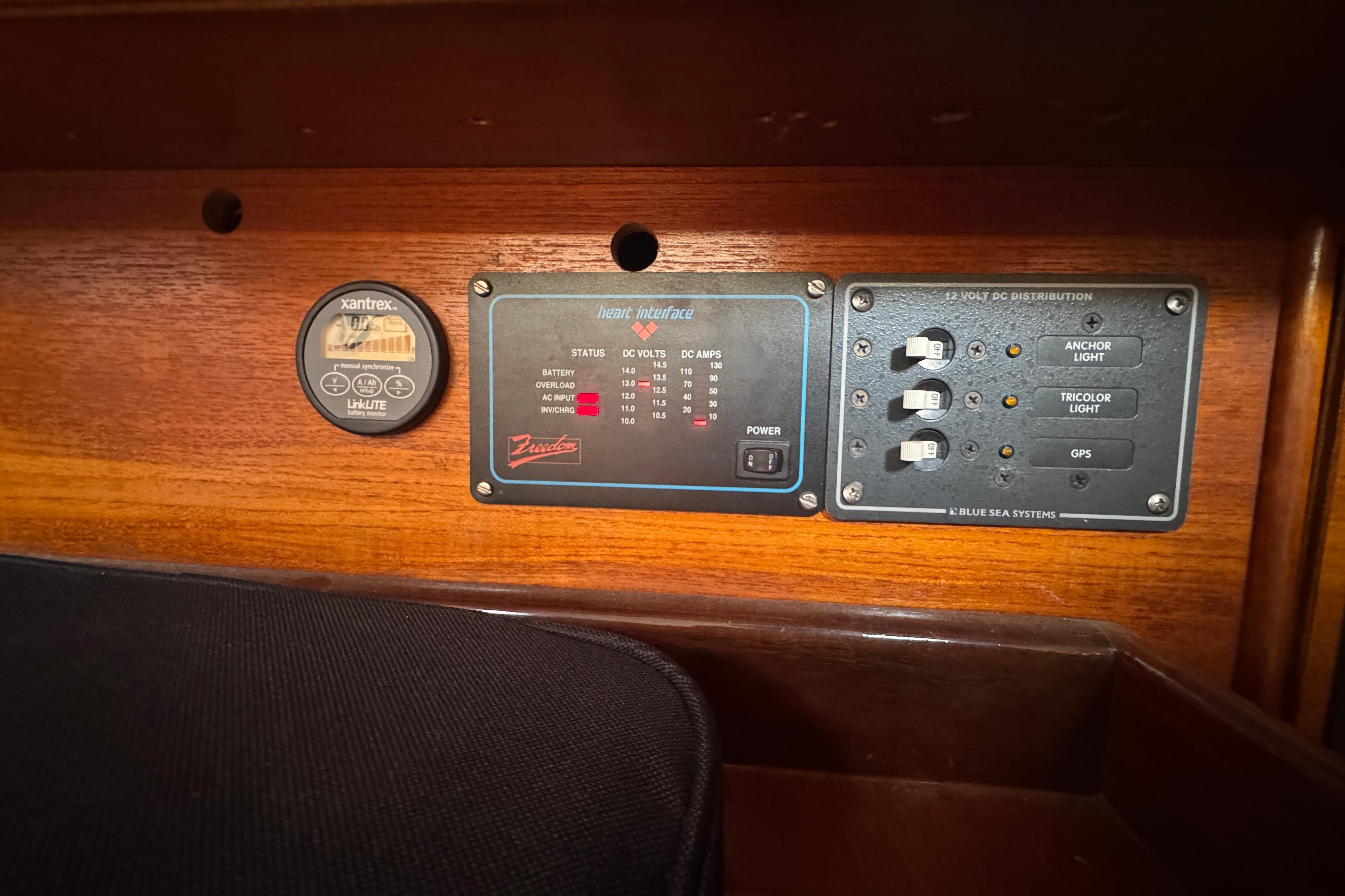 Control panel on a 1985 Beneteau First 38 sailboat, featuring Xantrex and Blue Sea Systems.