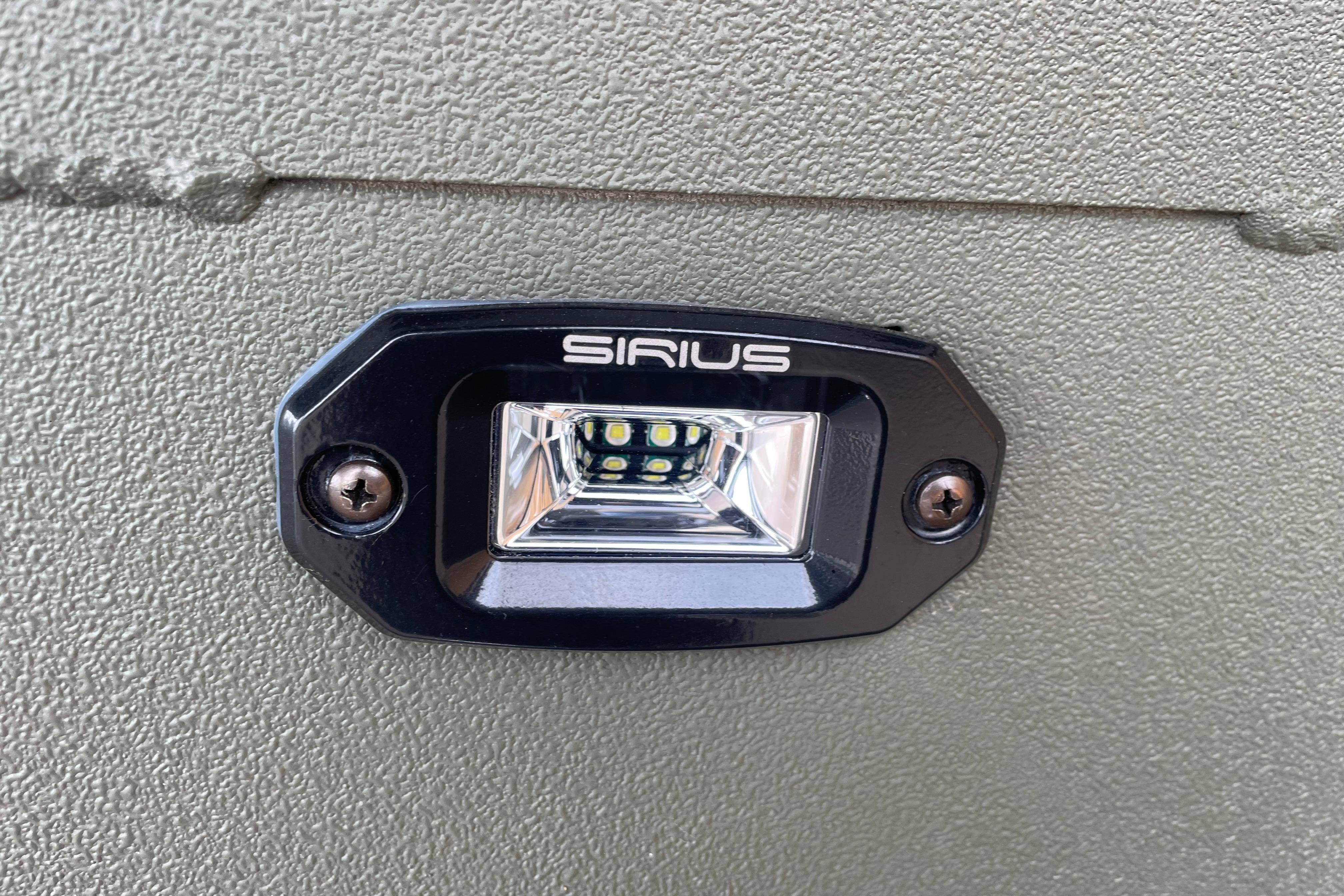 Close-up of Sirius LED light on 2026 Reaper Boats 753 Timber Reaper.