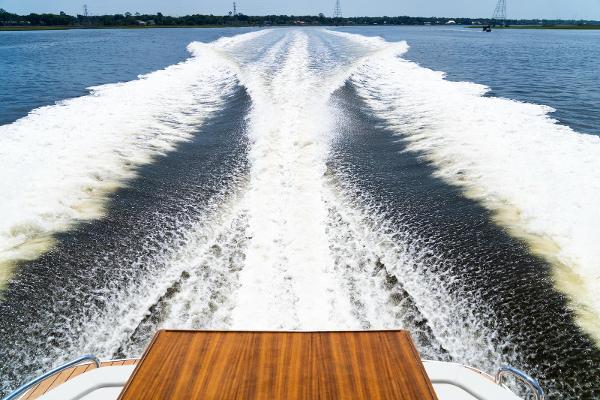 Wake trail behind Bavaria SR41 yacht, 2022 model, on open water.