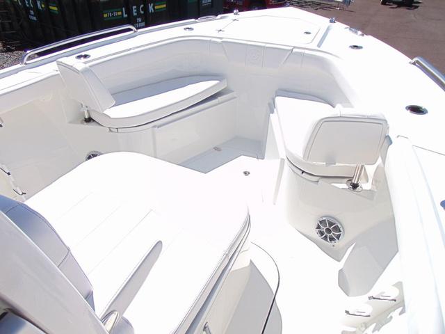 2025 Parker 2600 CC boat interior with white seating and modern design.