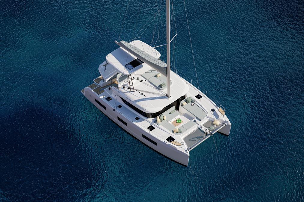 2026 Lagoon 47 catamaran on calm blue waters.