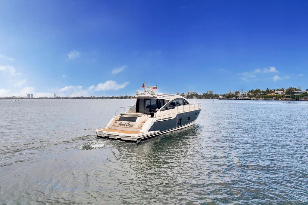 Luxury Fairline Targa 58 yacht cruising on a sunny day, 2012 model.