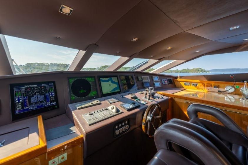 Luxurious Sunseeker 34 Metre Yacht 2009 helm with advanced navigation systems and panoramic views.