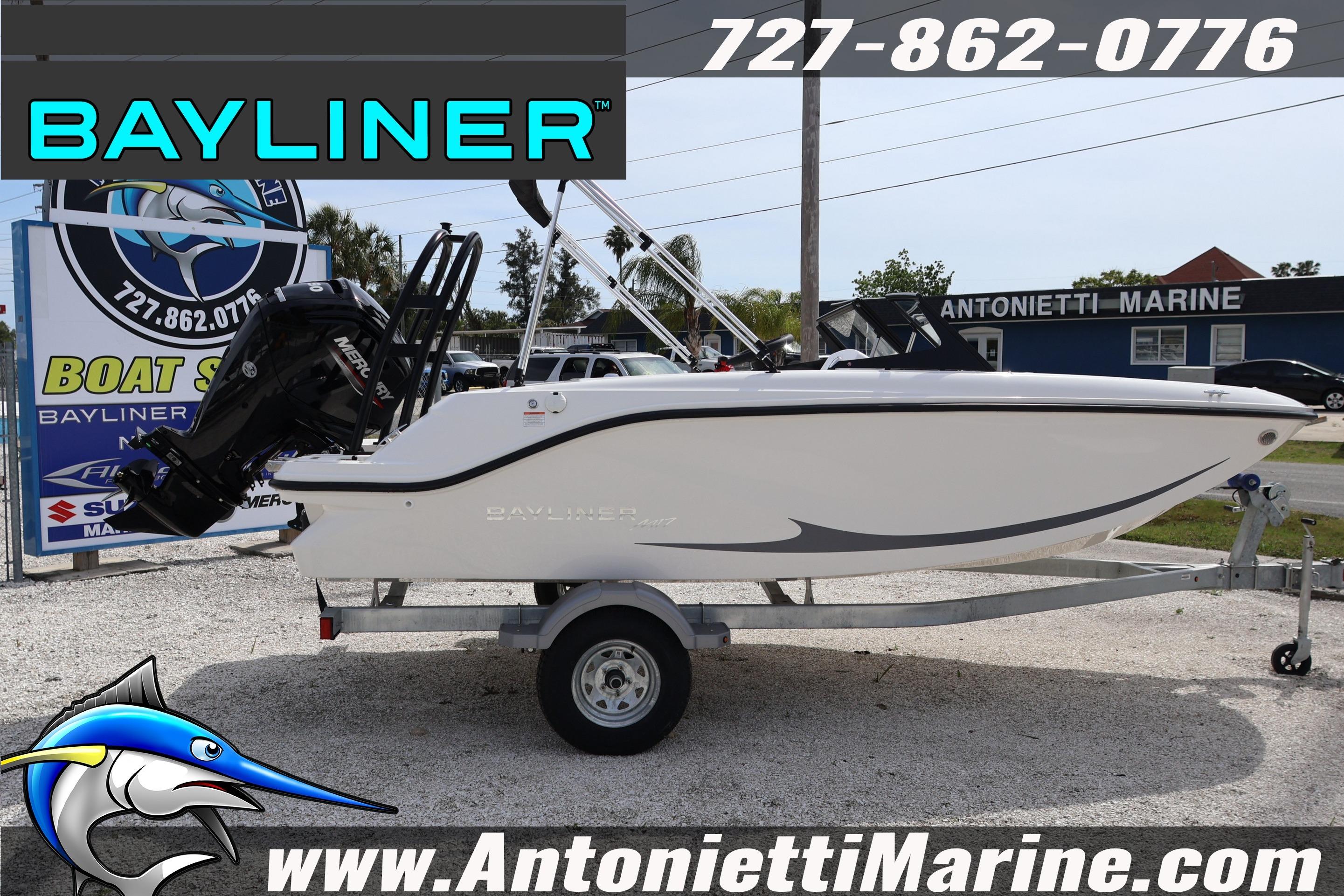 2026 Bayliner Element M17 boat on trailer at Antonietti Marine dealership.