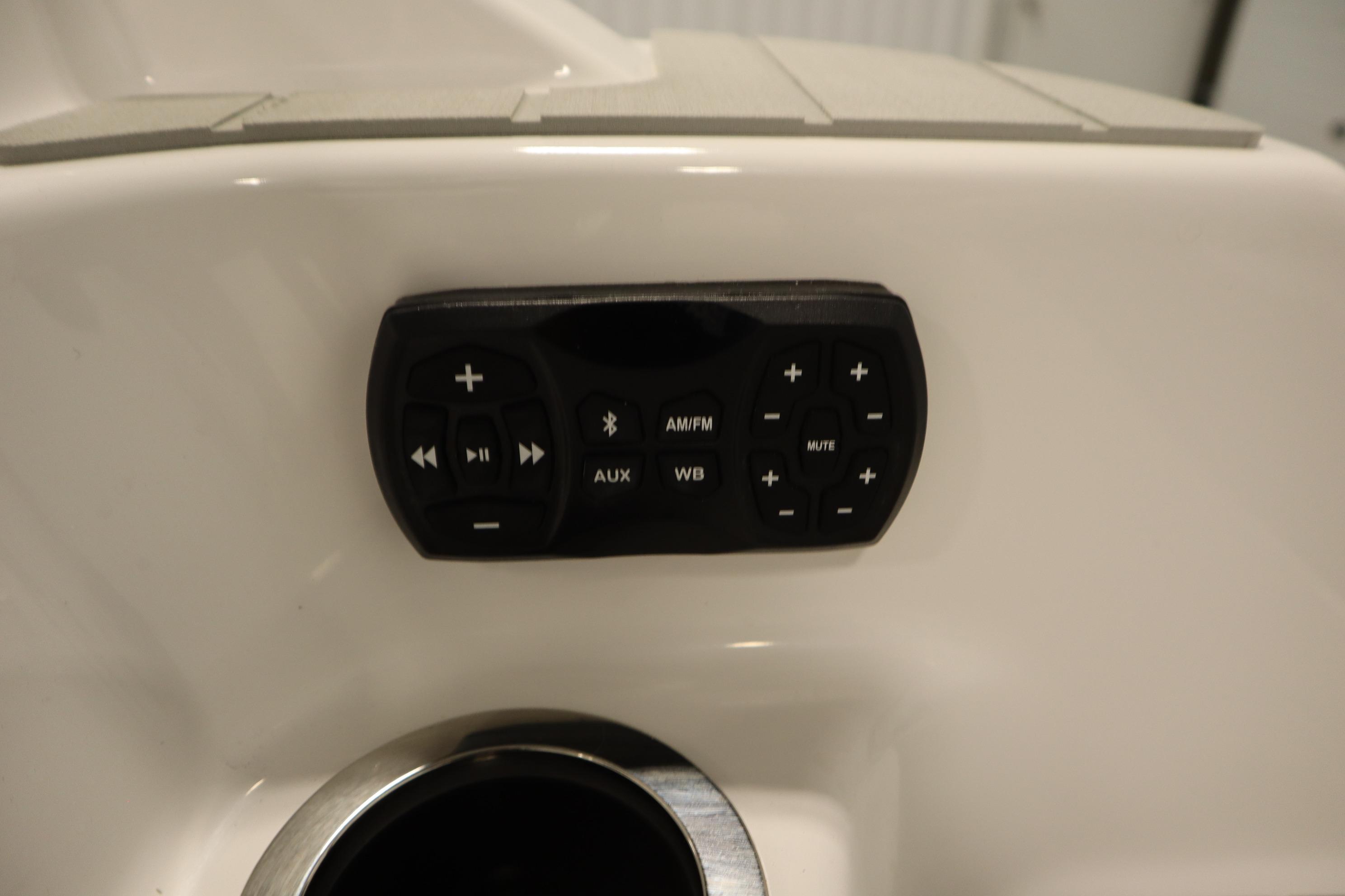 Control panel on 2026 Yamaha Boats AR250, featuring audio and media buttons.
