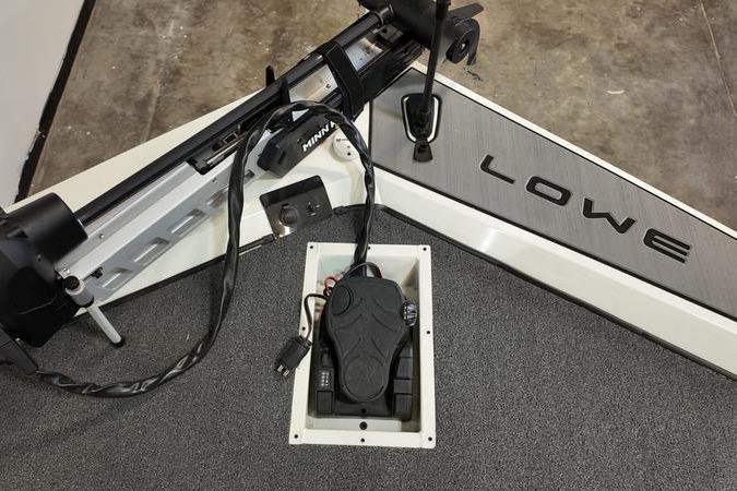 2024 Lowe Stinger 188 boat deck with Minn Kota trolling motor and foot pedal.