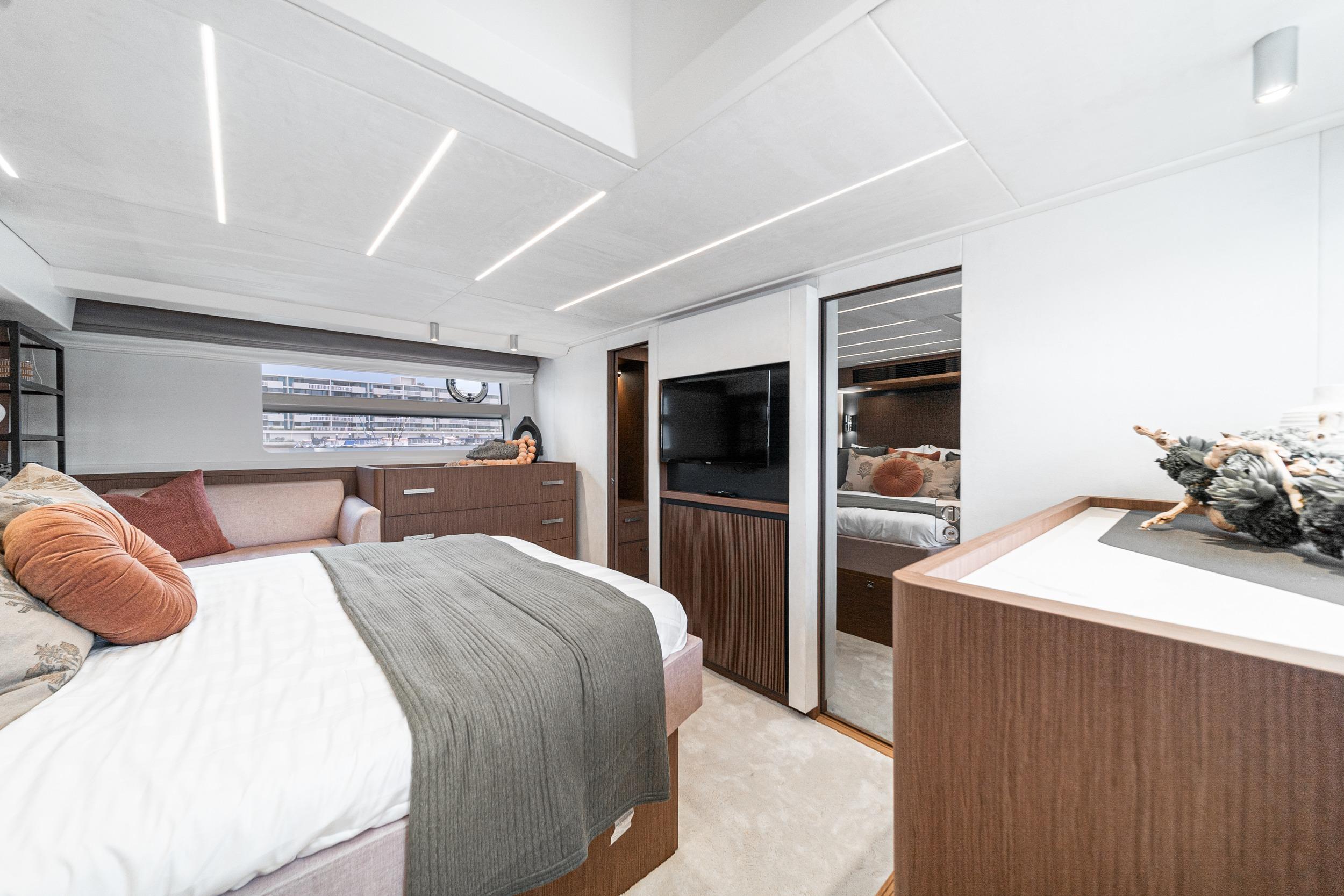 Luxurious interior of 2024 Prestige X60 yacht with modern design and elegant furnishings.