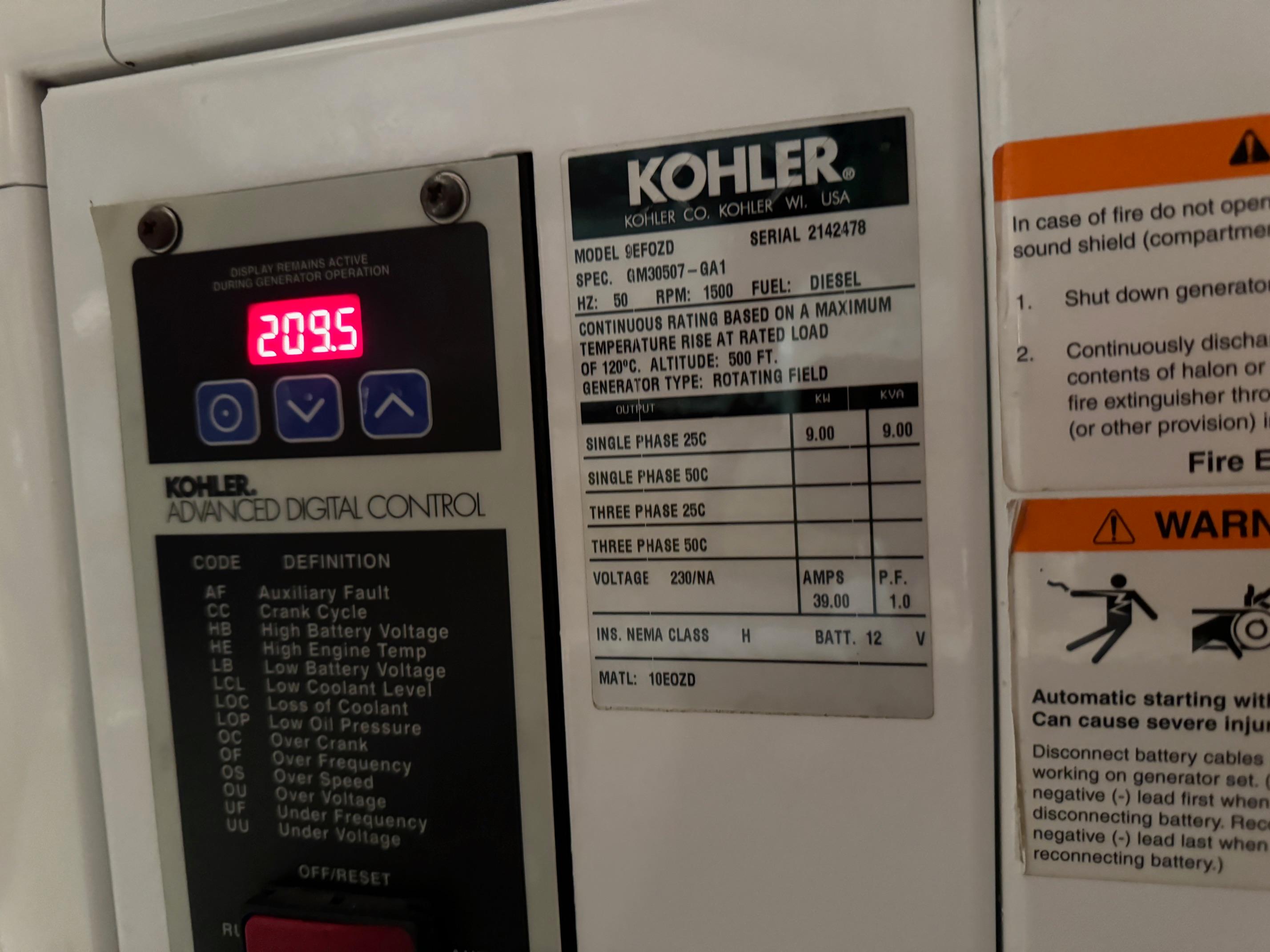 Kohler generator control panel displaying 209.5 volts on a Sunseeker Portofino 53 MK2 yacht.