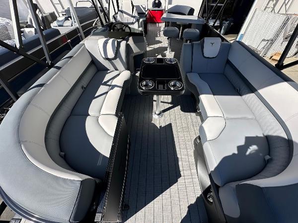 2025 Tahoe Pontoon 2585 LTZ Entertainer with spacious seating and modern interior design.