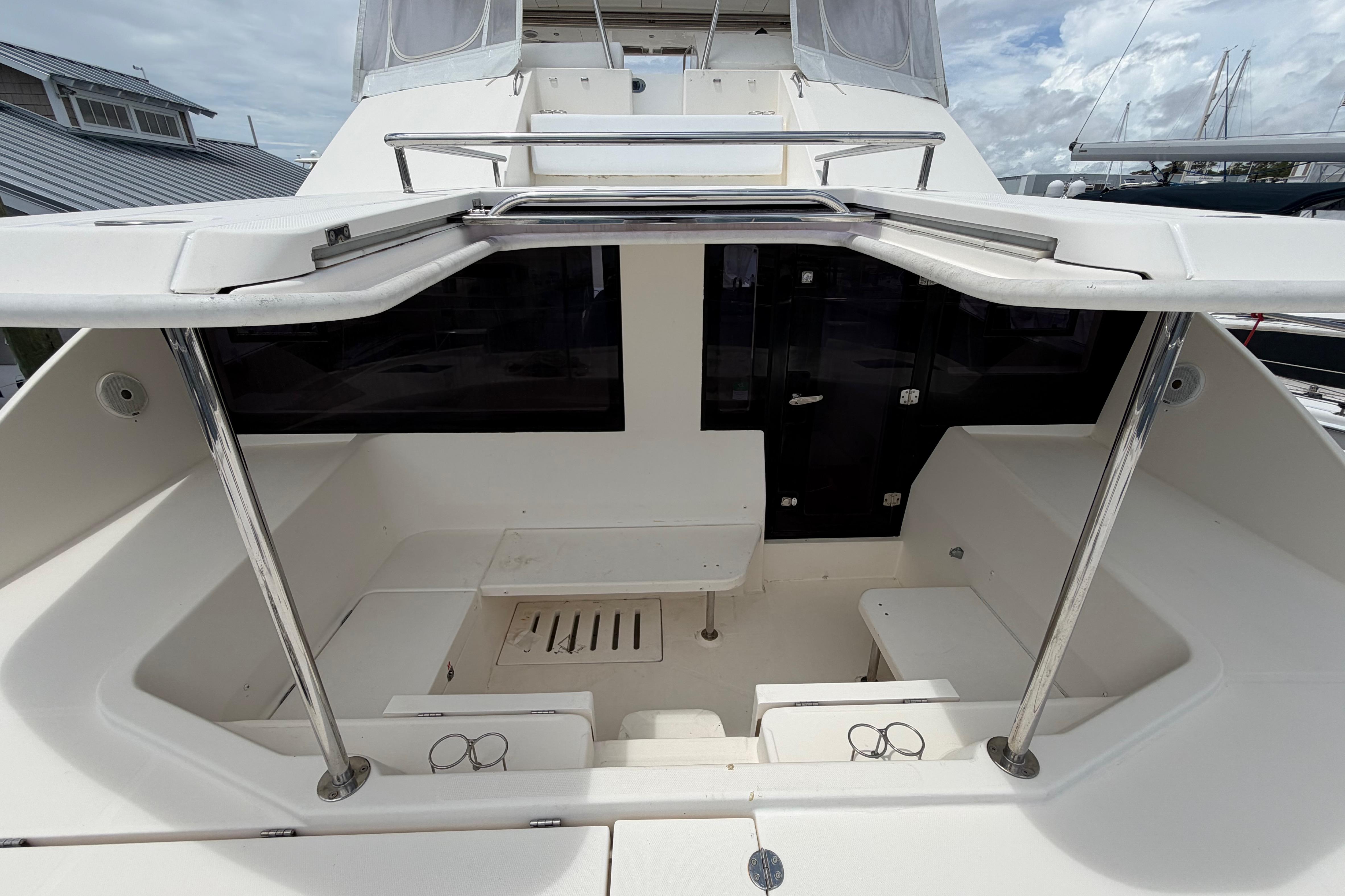 2015 Leopard 51 Powercat cockpit with seating and stainless steel railings.