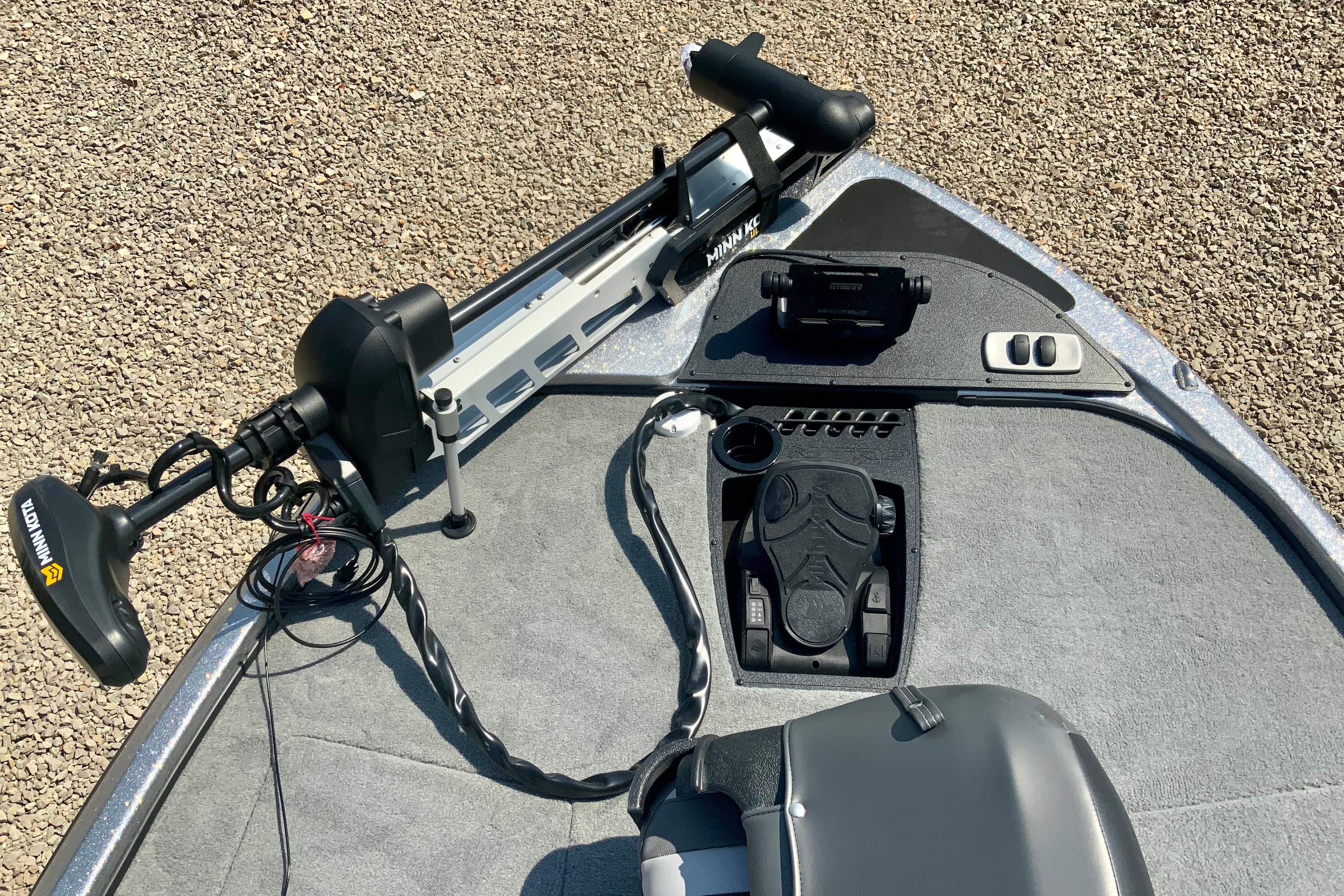 2026 Nitro Z18 Pro boat deck with Minn Kota trolling motor and foot pedal controls.