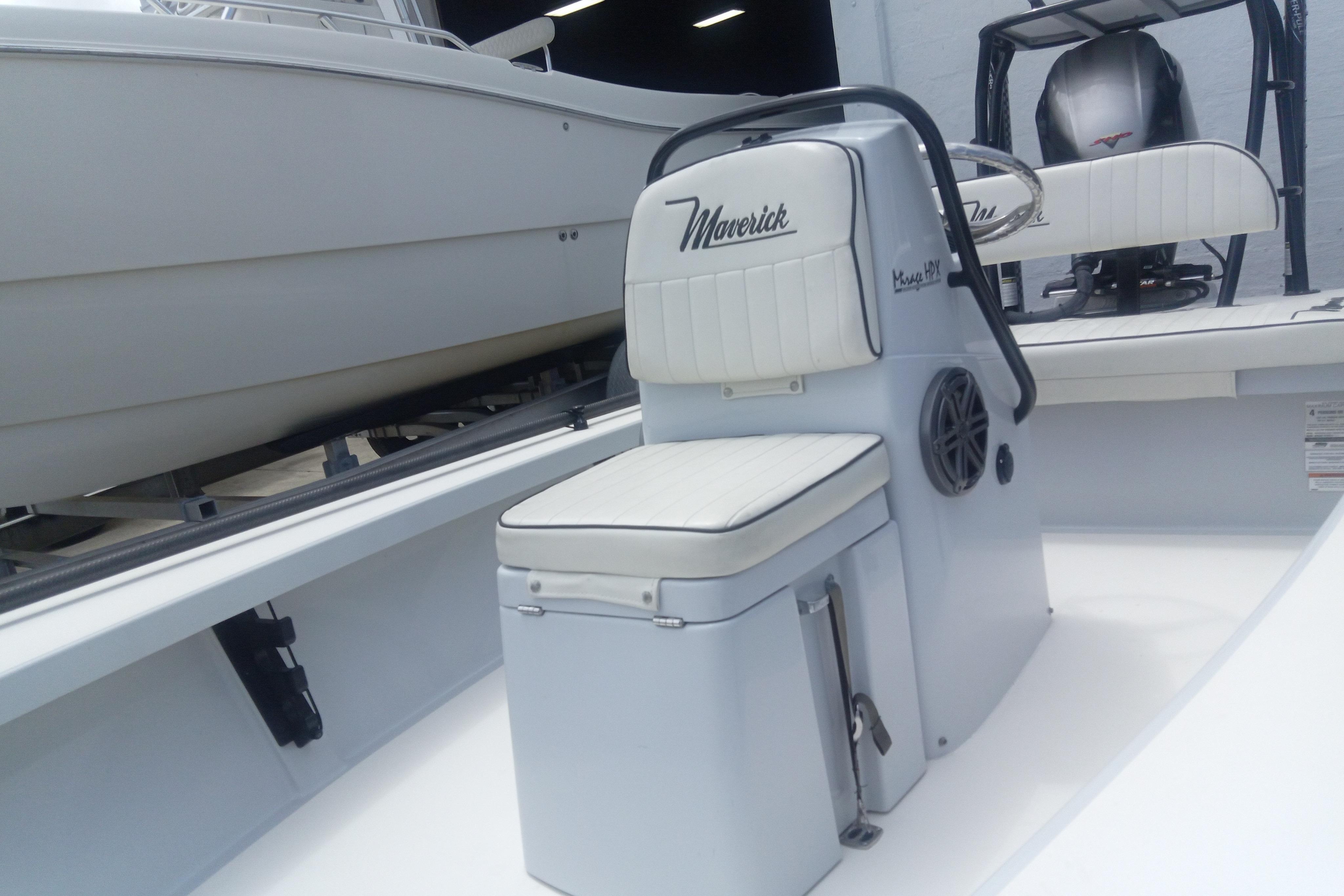 2020 Maverick 18 HPX-V boat interior with cushioned seating and sleek design.