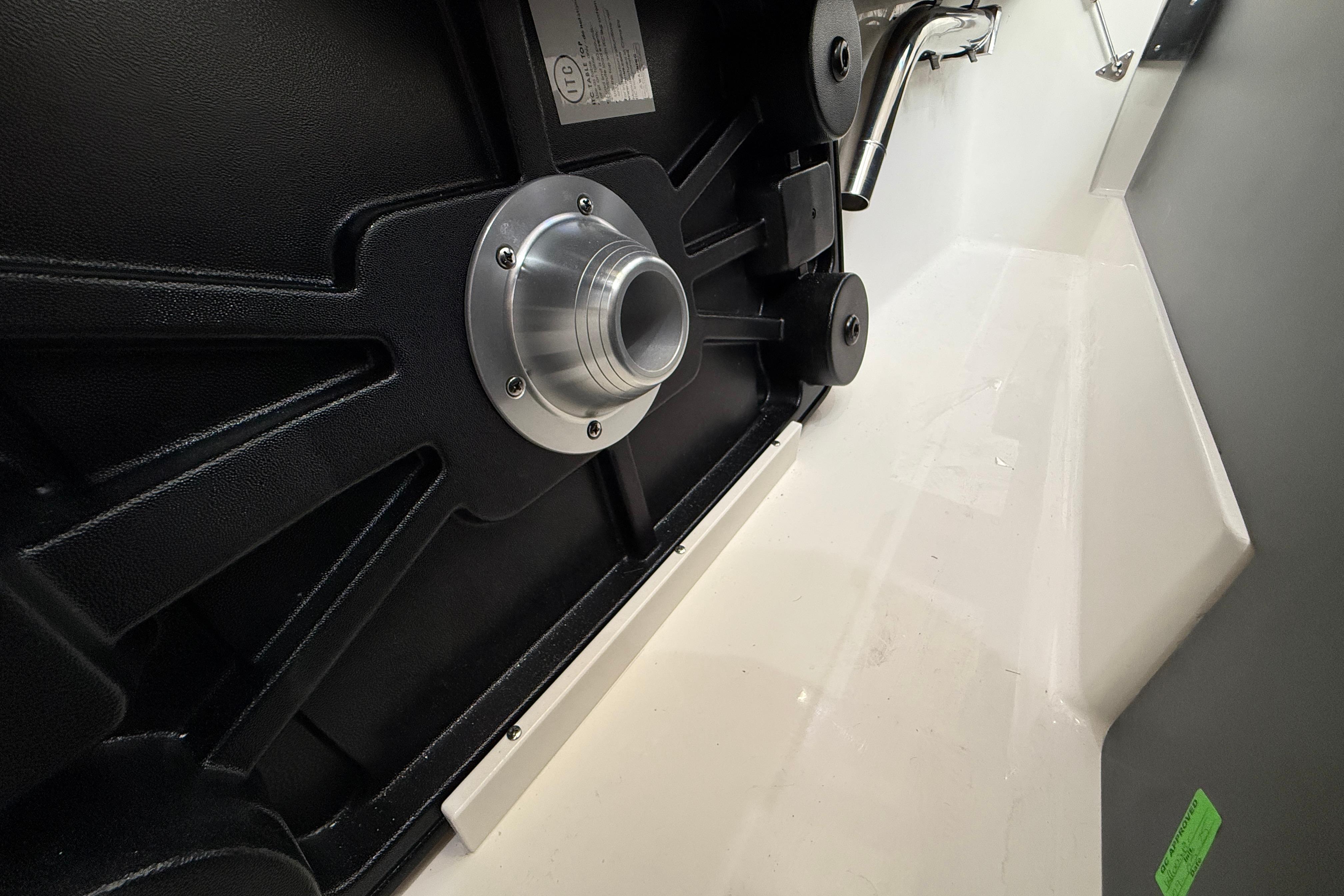 Interior view of 2026 World Cat 400 DC-X Island boat, showcasing sleek design elements.