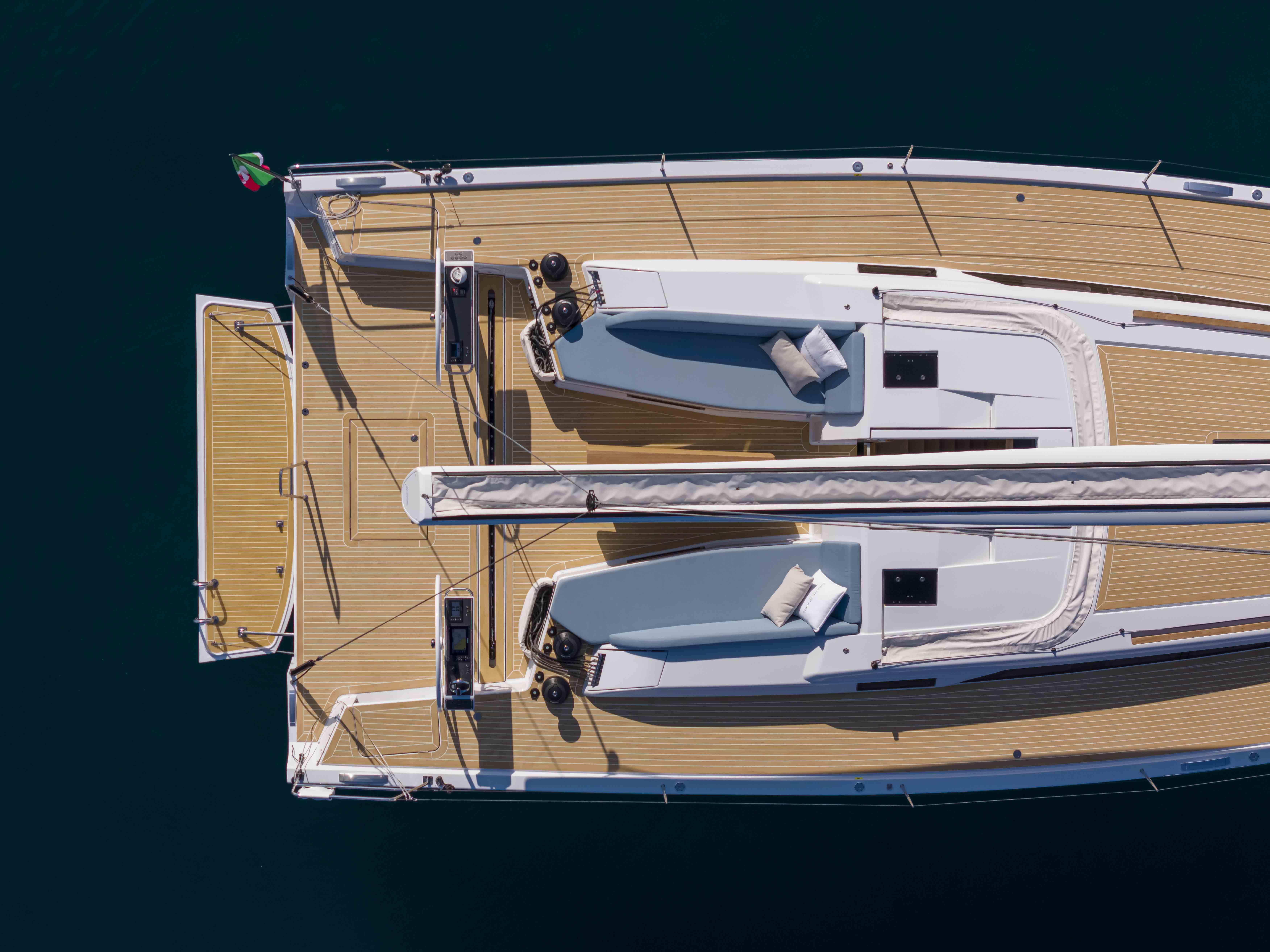 Aerial view of 2026 Grand Soleil 52 Performance yacht with sleek deck design.