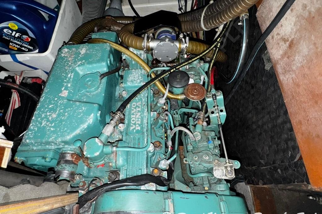 Engine compartment of a 1999 Beneteau Oceanis 40 CC sailboat with Volvo Penta engine.