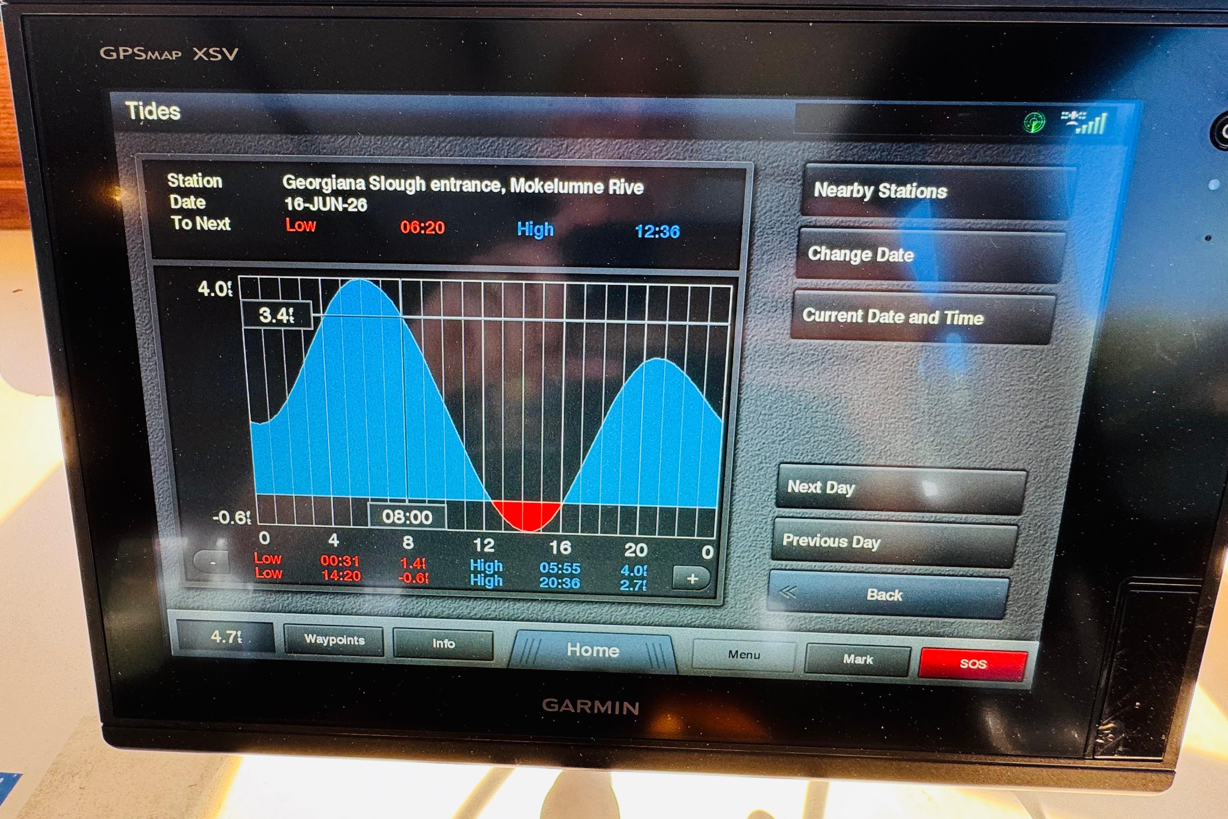 Tide chart on Garmin GPS display, showing high and low tides for Georgiana Slough entrance. Nordic Tug 32, 1996.