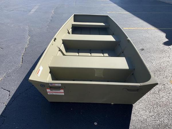 2024 Lowe L1040 Jon boat on asphalt, showcasing its sturdy design.