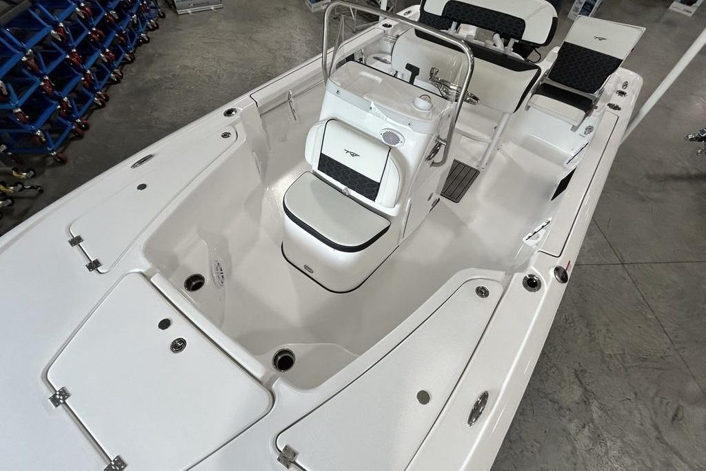 2026 Tidewater 1910 Bay Max boat interior with seating and storage compartments.