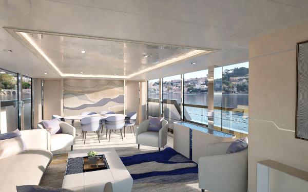 Luxurious interior of Custom PROJECT ABACOS 2025 yacht with modern furnishings and panoramic windows.