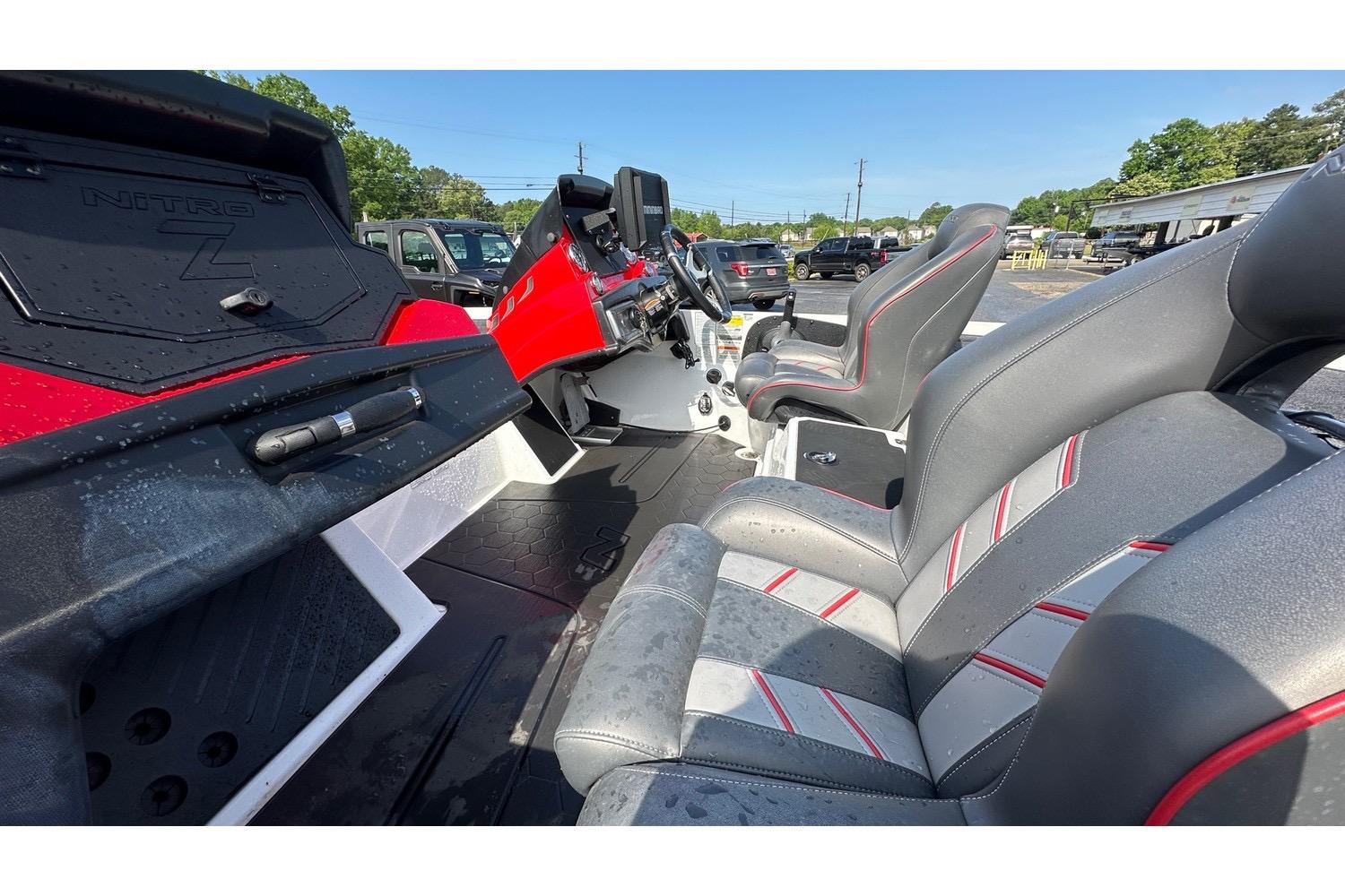 Interior of 2023 Nitro Z20 Pro boat with sleek seating and modern dashboard design.