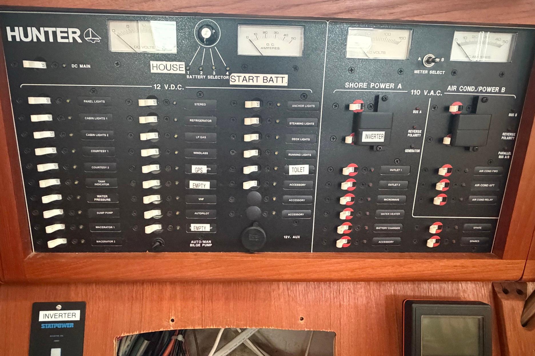Electrical control panel of a 1998 Hunter 410 sailboat with various switches and meters.