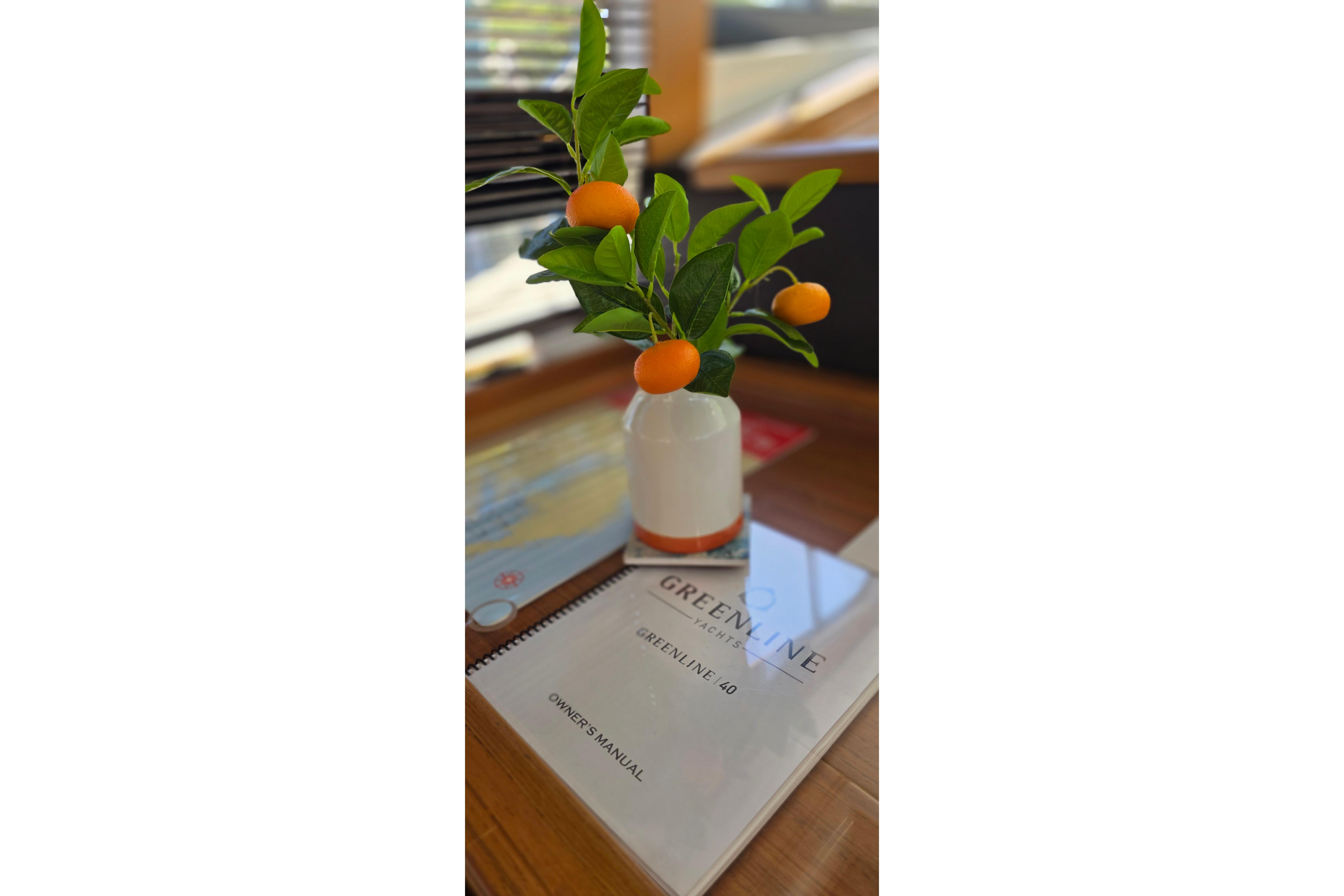 Owner's manual for Greenline 40 yacht, 2023, with decorative plant on table.