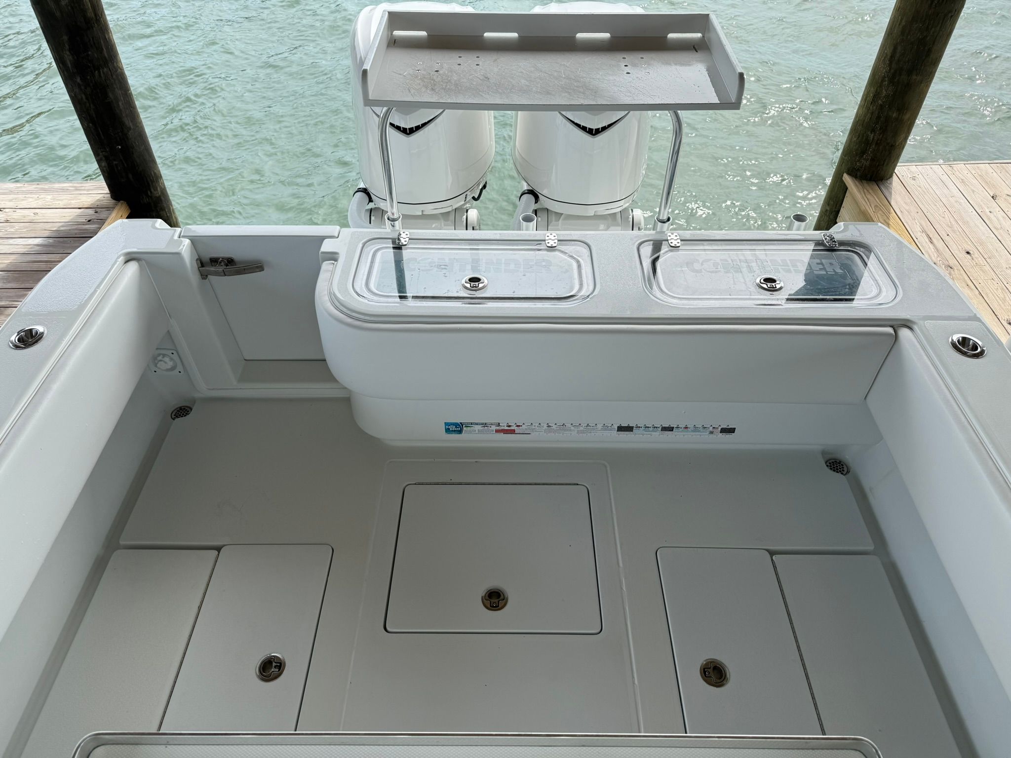 Interior of 2025 Contender 32 ST boat at dock.