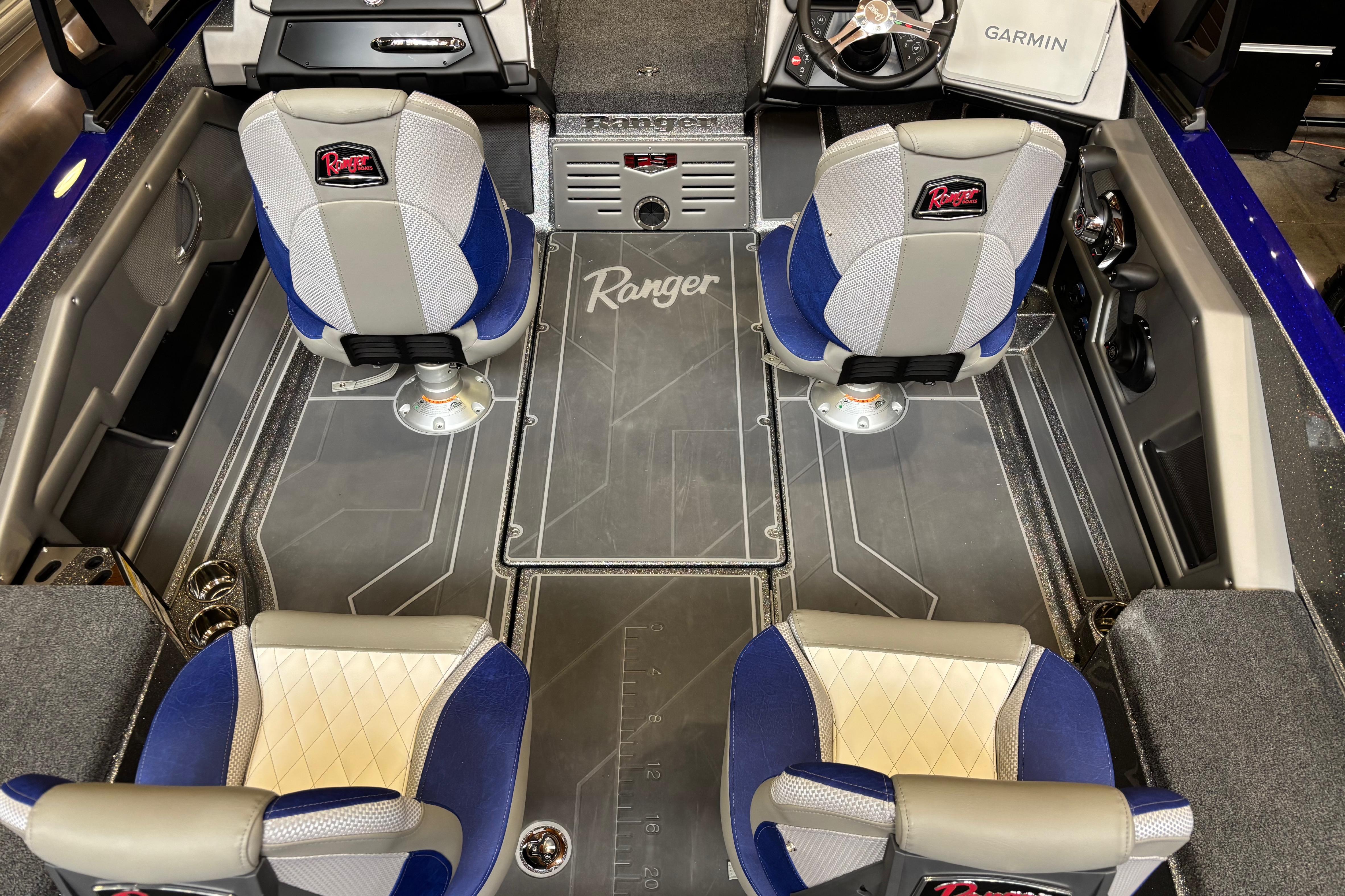 Interior of 2026 Ranger 621FS Cup-Equipped boat with modern seating and Garmin electronics.