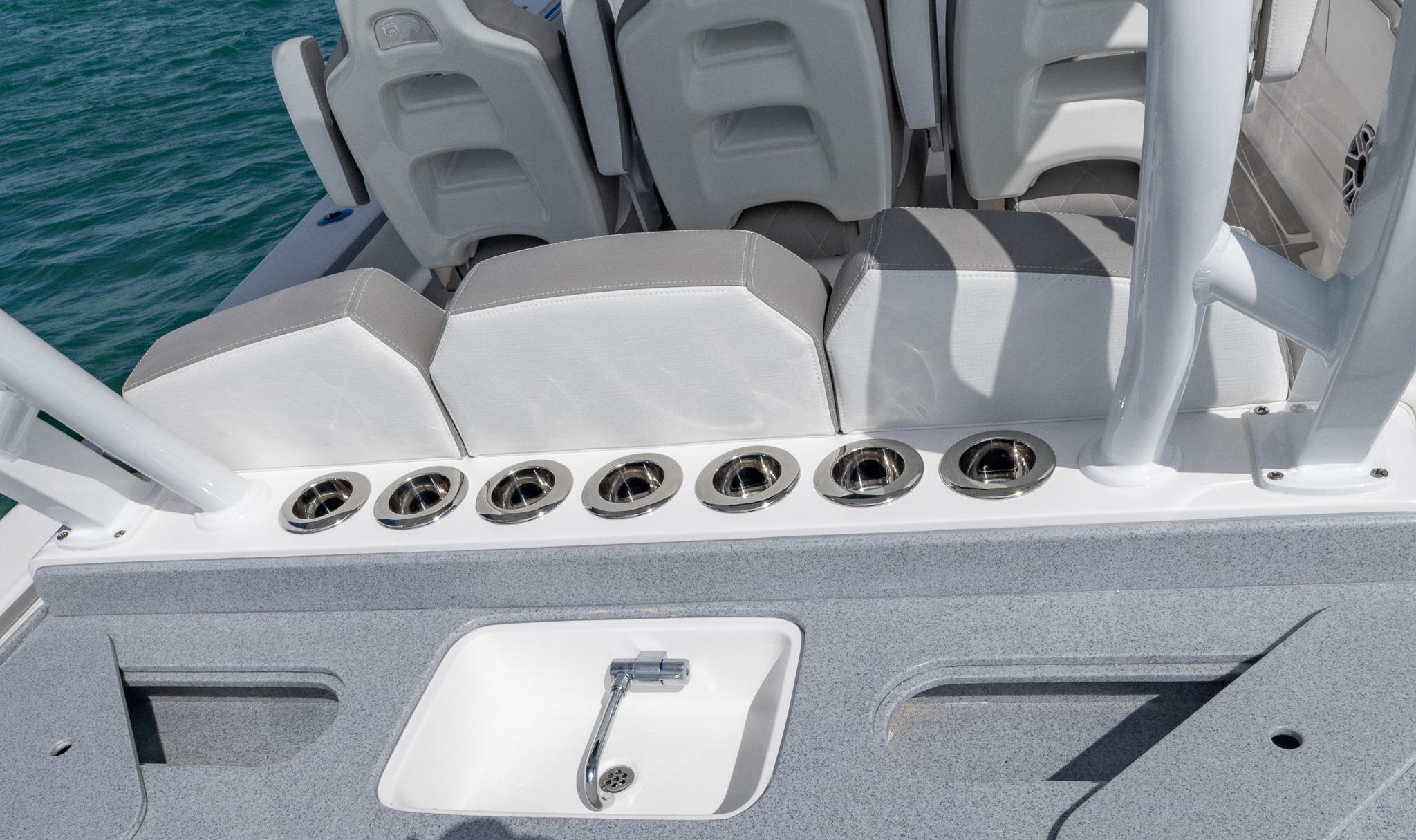 2025 Blackwater 43 Sportfish boat interior with rod holders and seating.