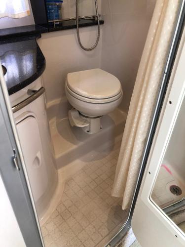 The image shows a boat bathroom with a toilet and shower.
