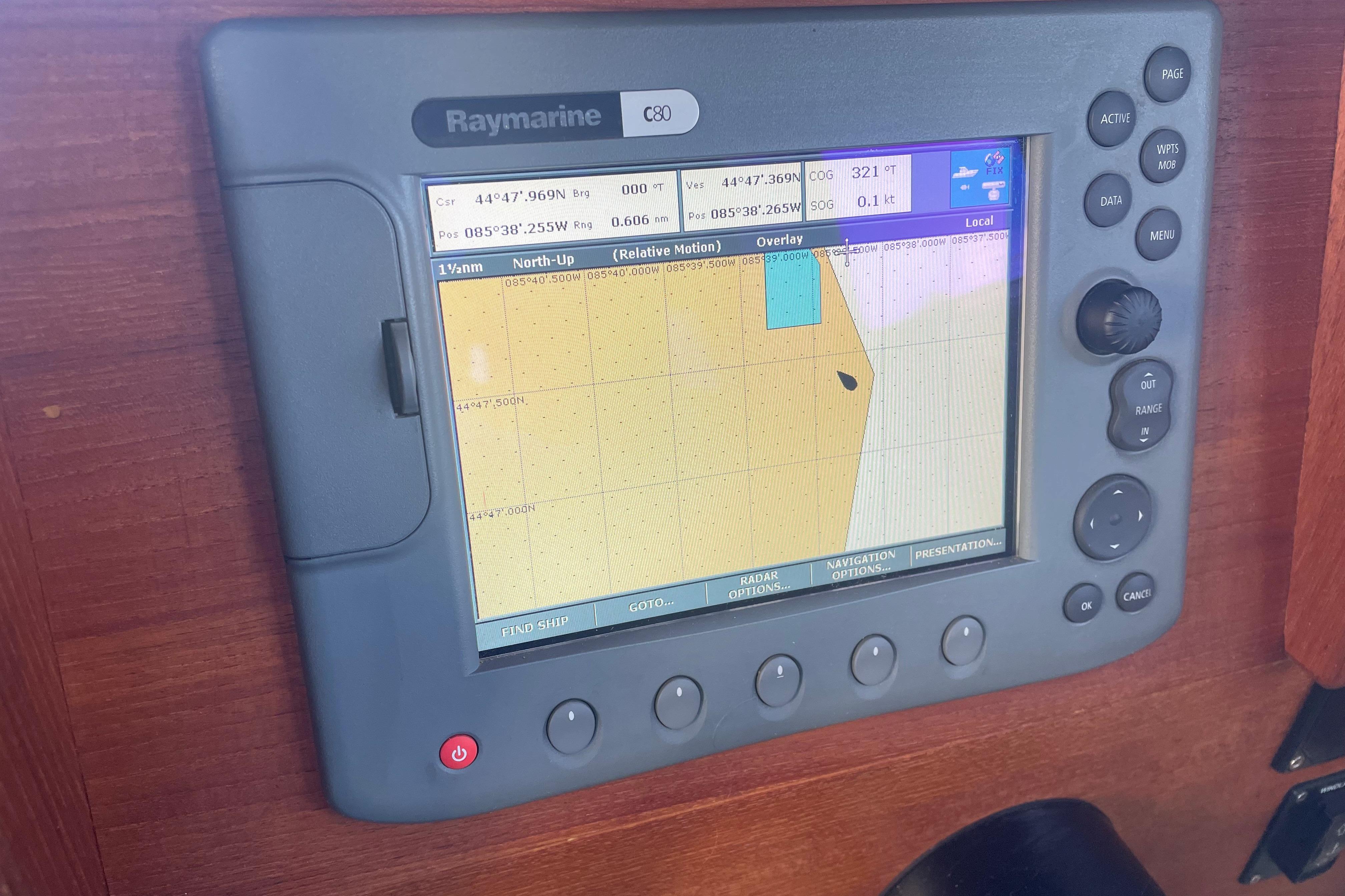 Raymarine C80 navigation display on 2007 Ranger Tugs R-25 boat dashboard.